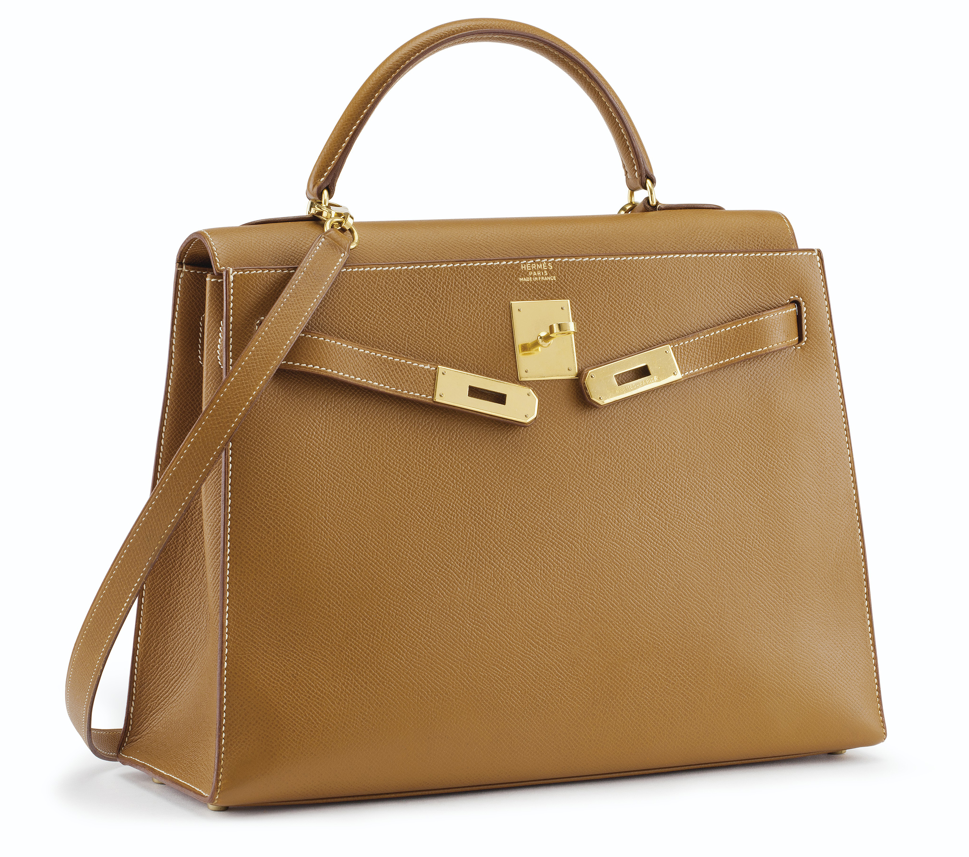 A GOLD COURCHEVEL LEATHER SELLIER KELLY 32 WITH GOLD HARDWARE 