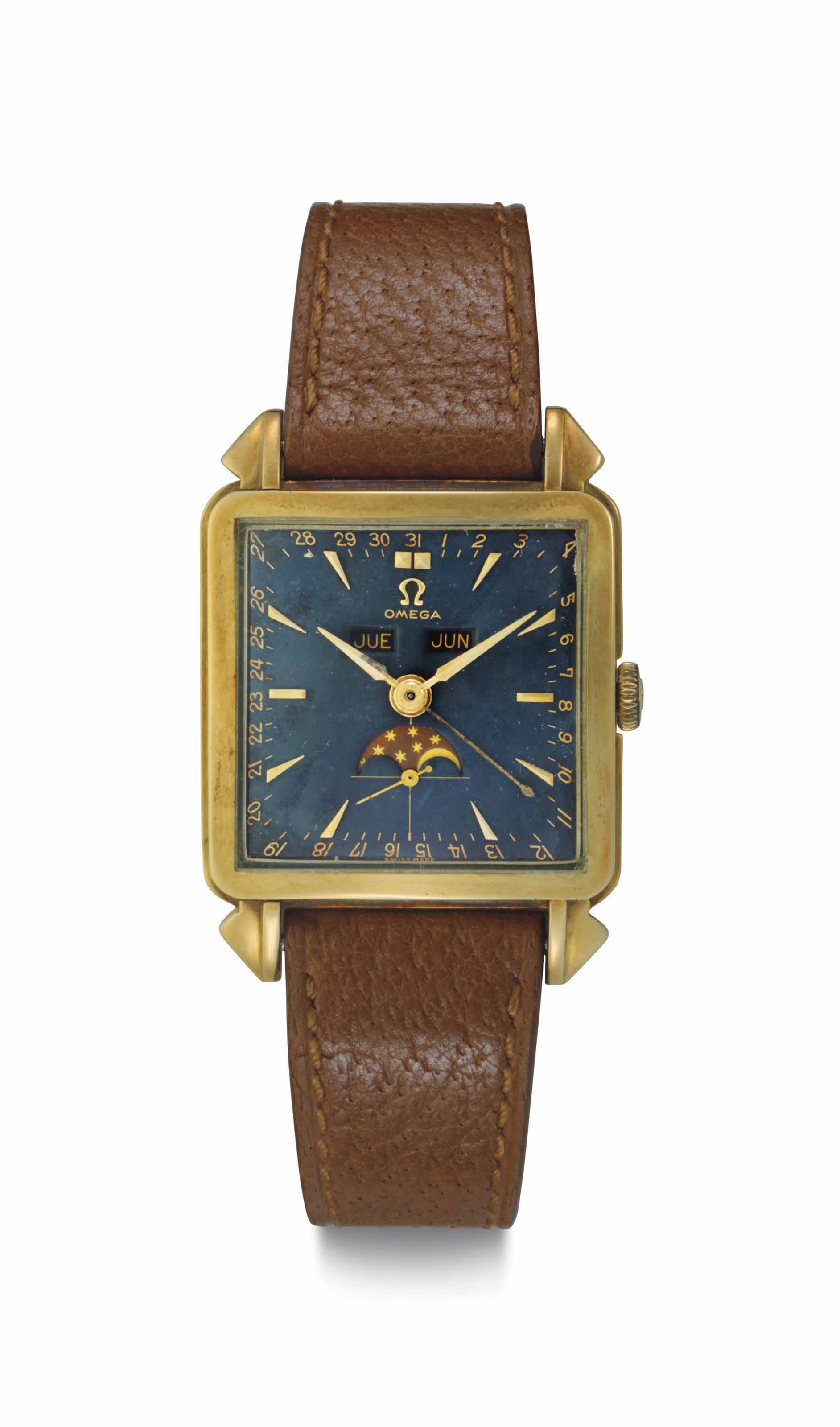 Omega. A Fine 18k Pink Gold Square-shaped Triple Calendar ...