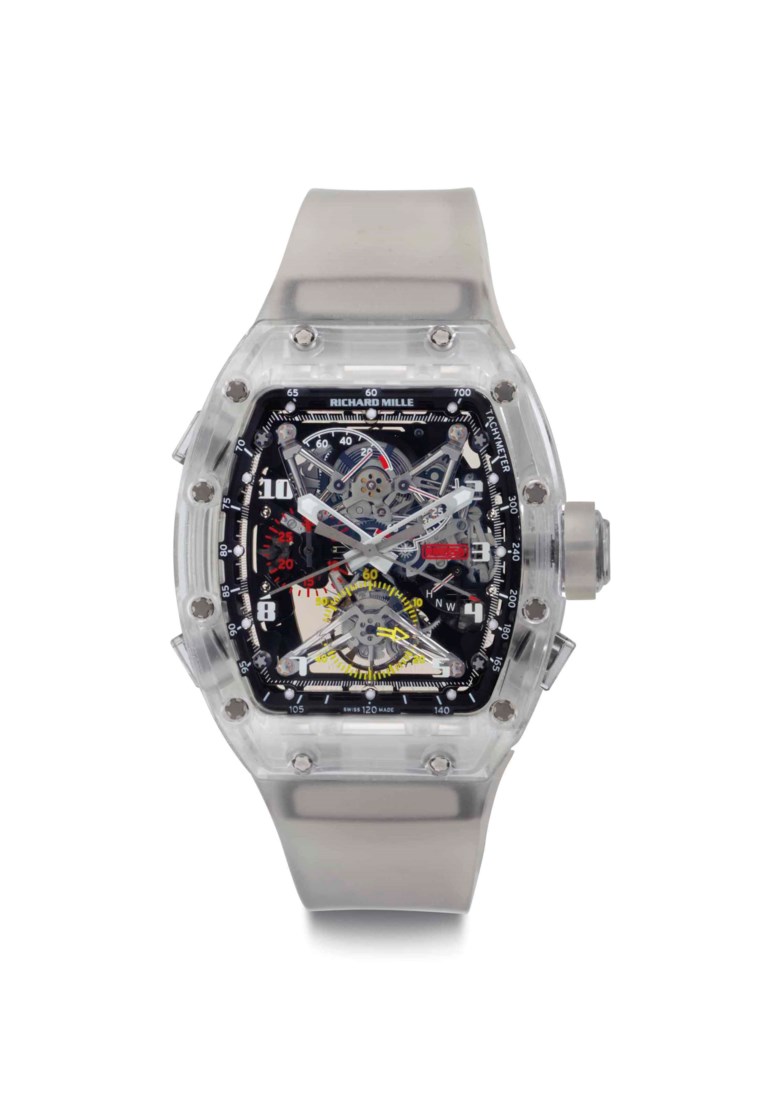 Richard Mille，蓝宝石表壳腕表，配追针计时功能、陀飞轮及动力储存，原型，编号2，型号RM056，约2012年制。2017年6月21日于佳士得纽约售出，成交价1,207,500美元