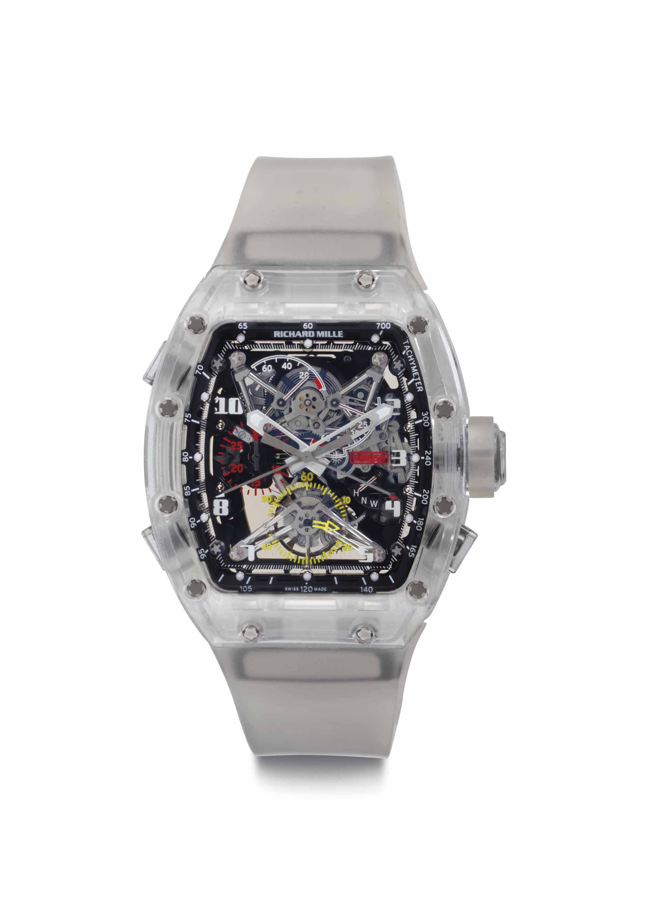 Richard Mille. A sapphire split-seconds chronograph wristwatch with tourbillon and power reserve. Prototype, no.2, ref. RM056, circa 2012, sold for $1,207,500 on 21 June 2017 at Christie's in New York