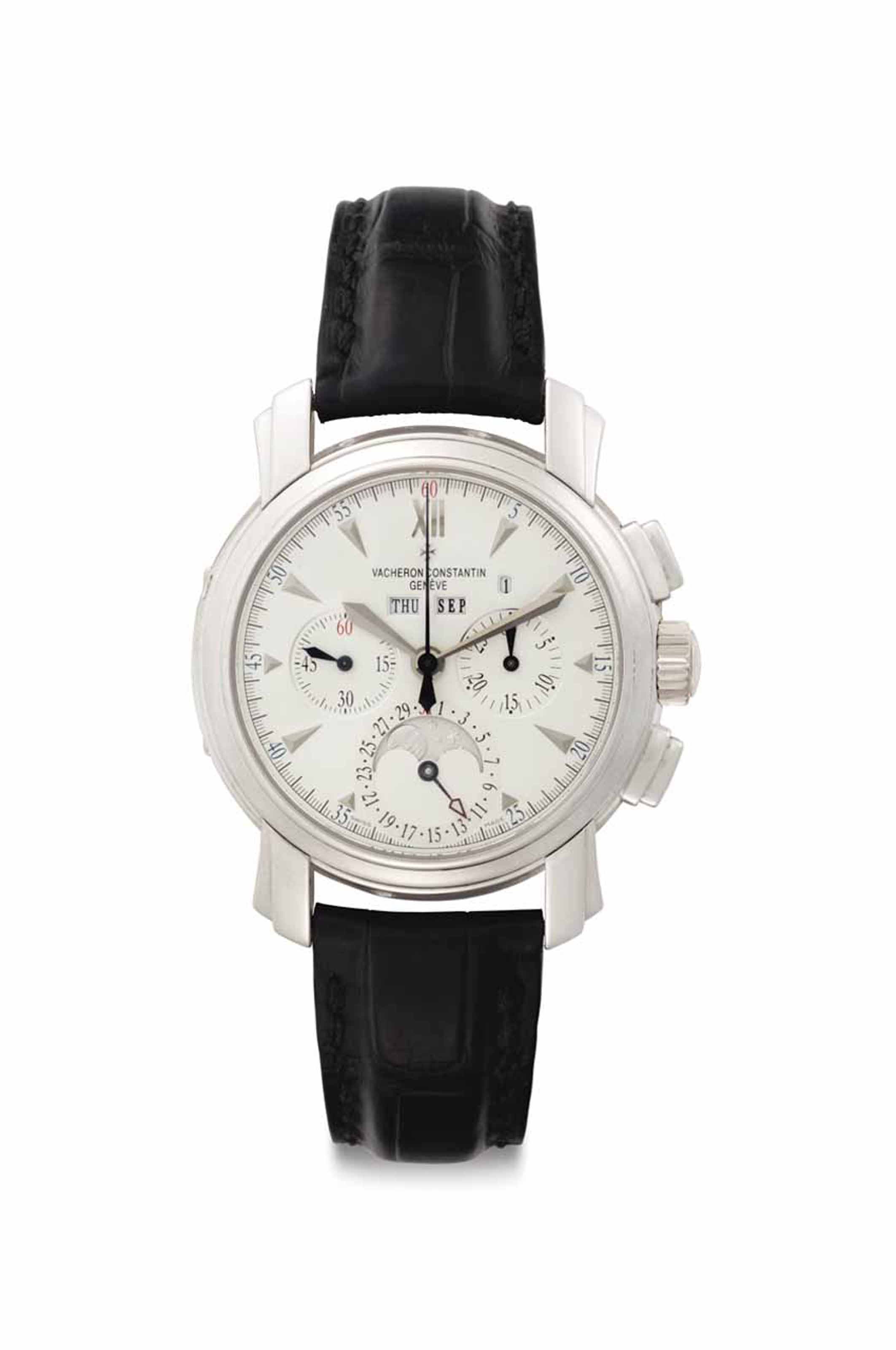 Vacheron Constantin. A Very Fine and Large Platinum Perpetual Calendar Chronograph Wristwatch with Moon Phases Signed Vacheron Constantin Geneve Malte Model Ref. 47112 Movement No. 879 821 Case No. 73...