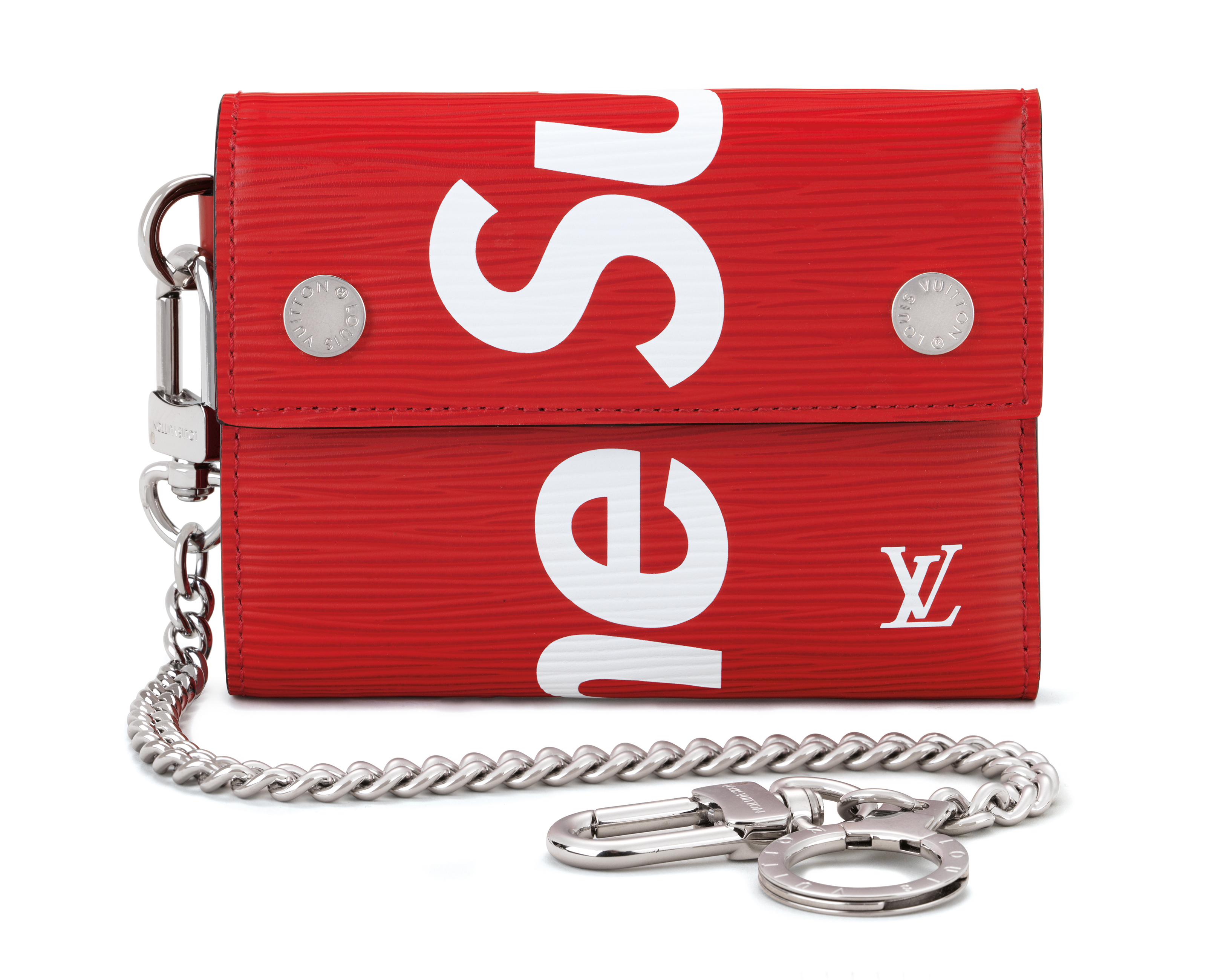A RED & WHITE EPI LEATHER CHAIN WALLET WITH SILVER HARDWARE BY 