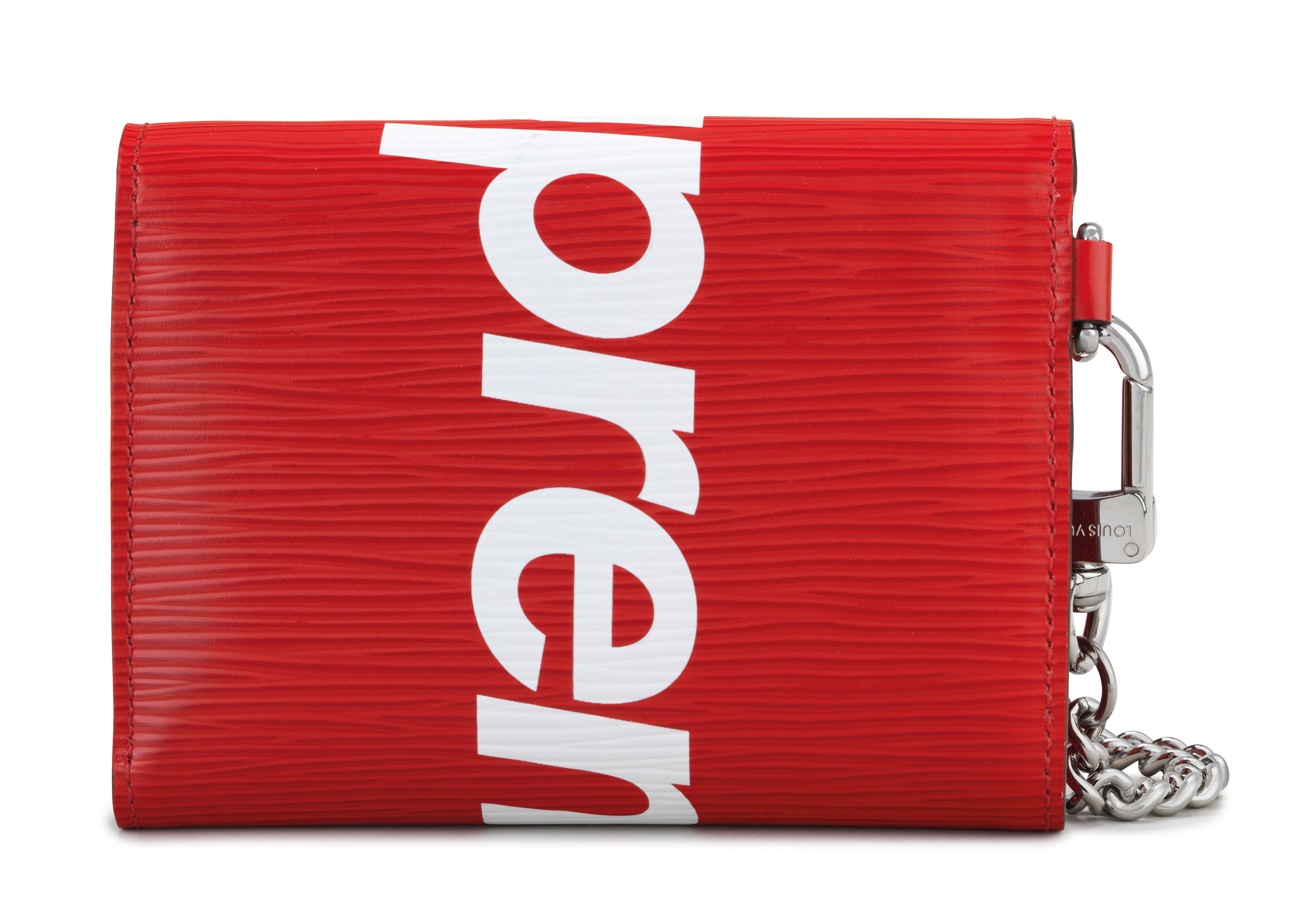 A RED & WHITE EPI LEATHER CHAIN WALLET WITH SILVER HARDWARE BY