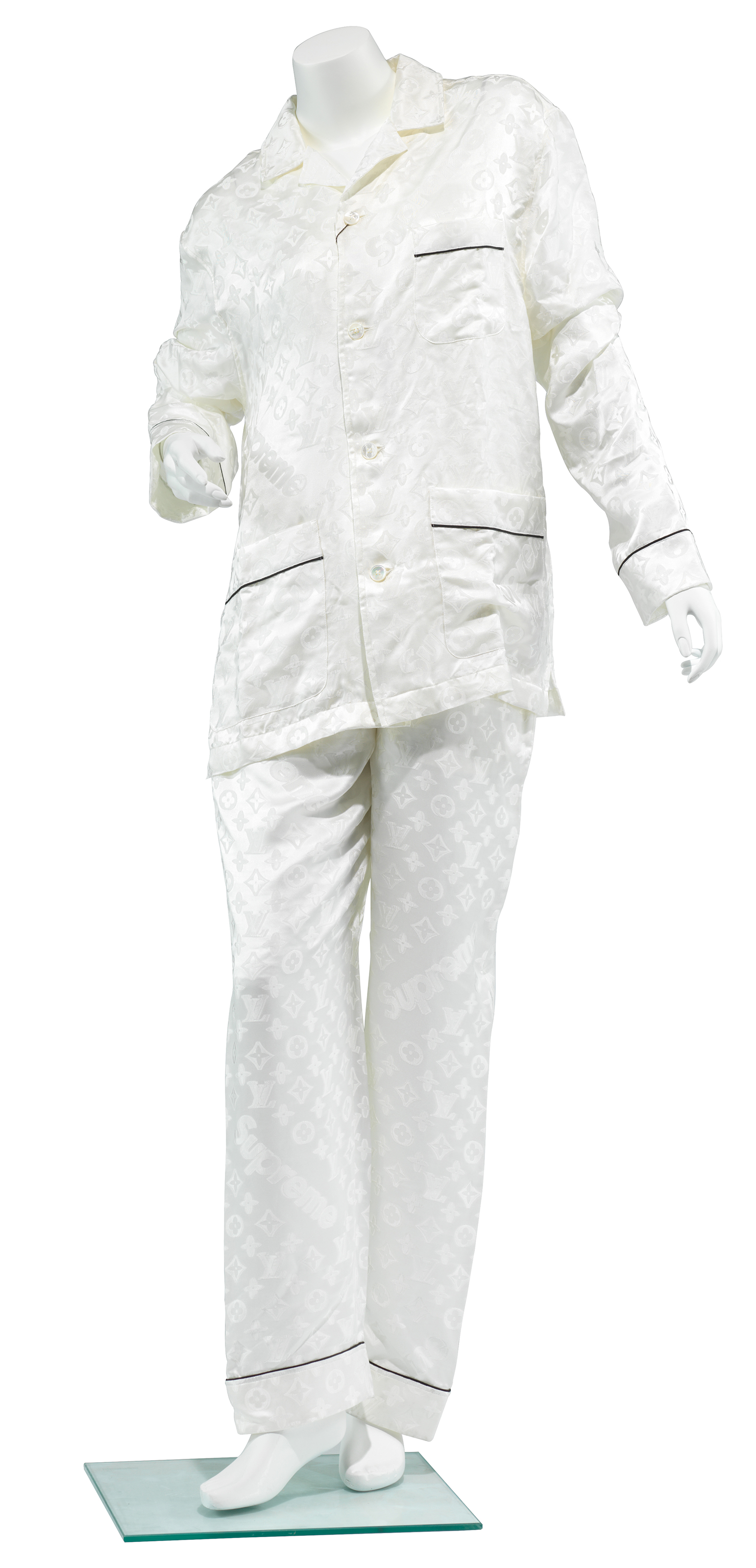 A SET OF WHITE SILK MONOGRAM PAJAMAS WITH SILVER HARDWARE BY SUPREME ...