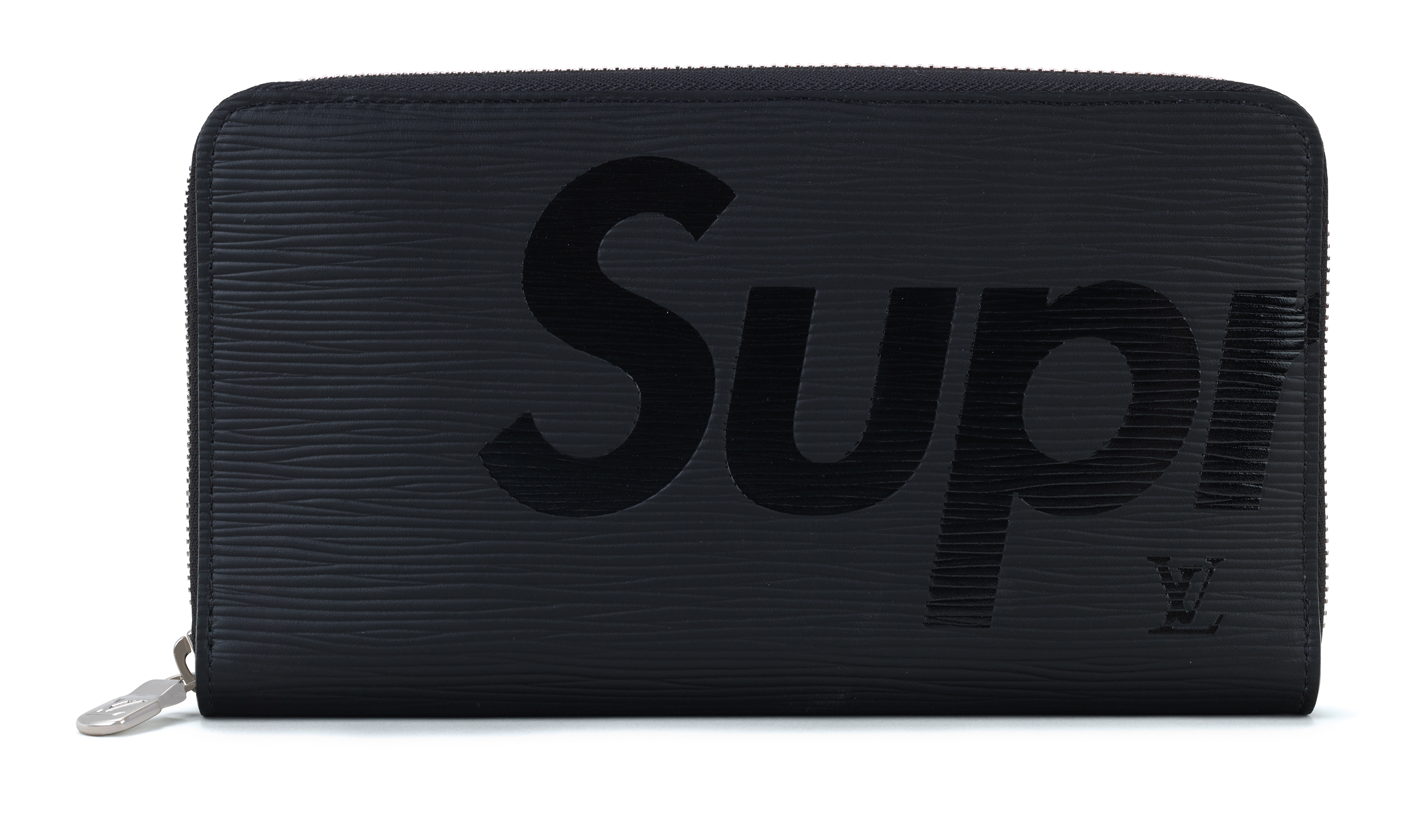 A BLACK EPI LEATHER ZIP PASSPORT WALLET WITH SILVER HARDWARE BY SUPREME