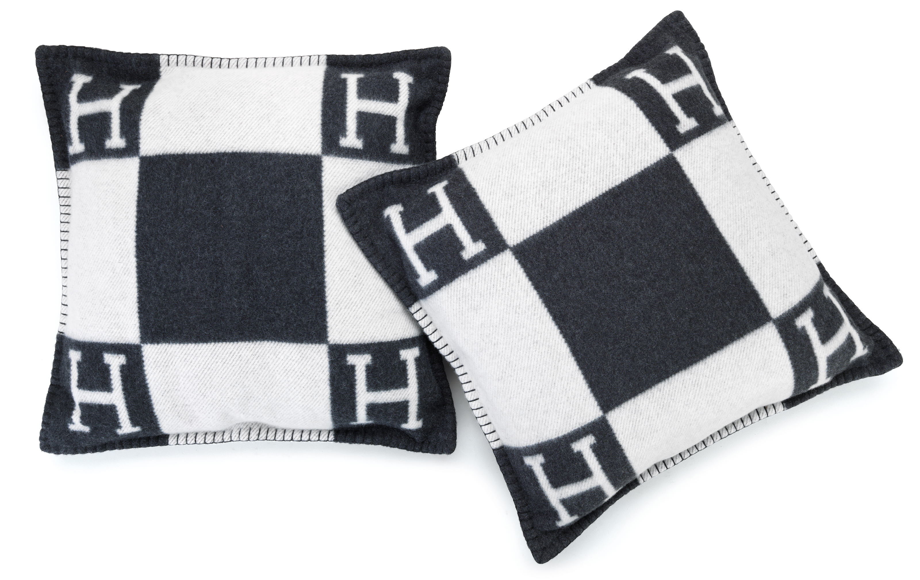 SET OF TWO GREY AND BLACK, WOOL AND CASHMERE AVALON PILLOWS MM, HERMÈS