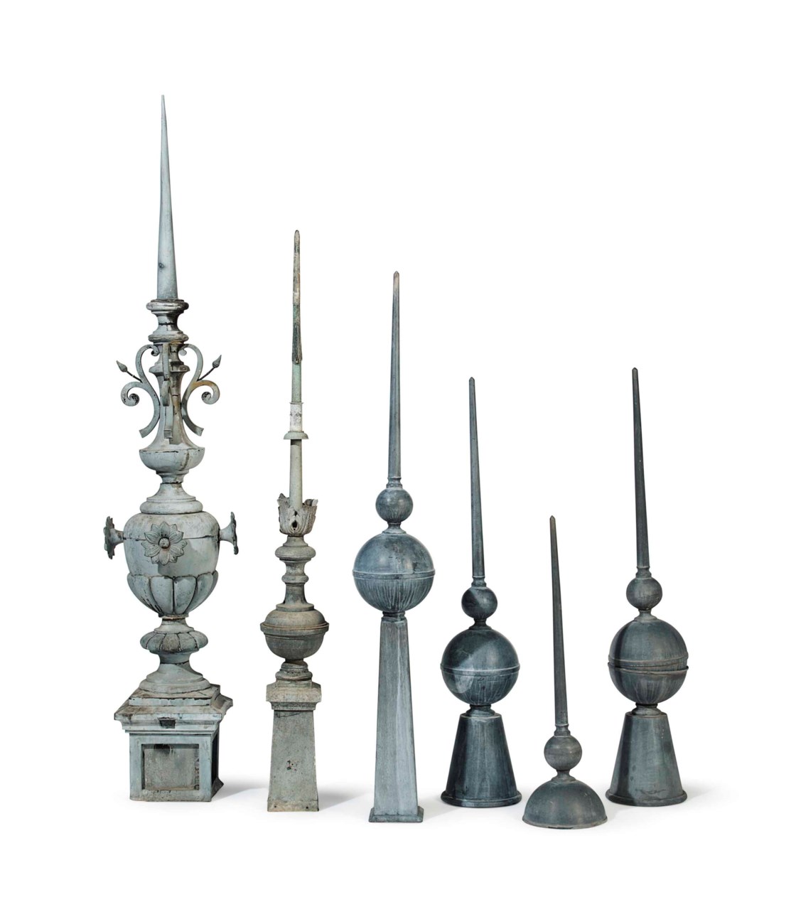 A GROUP OF SIX FRENCH ZINC ARCHITECTURAL FINIALS, THE FOUR SMALLER