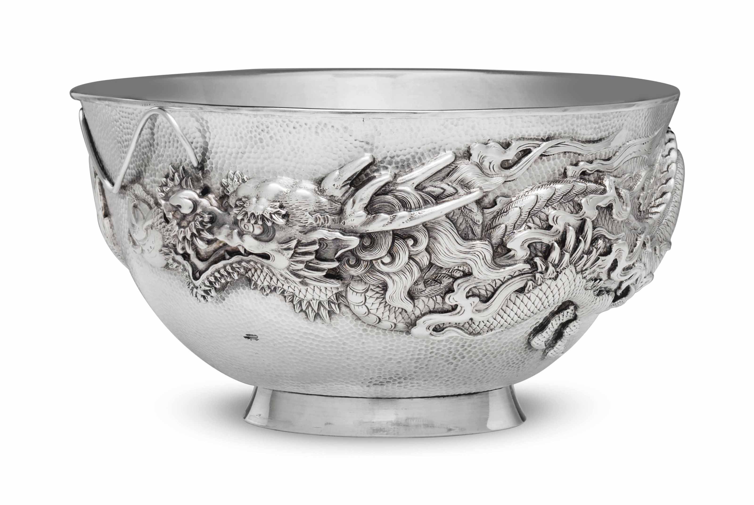 A JAPANESE SILVER 'DRAGON' BOWL AND LINER