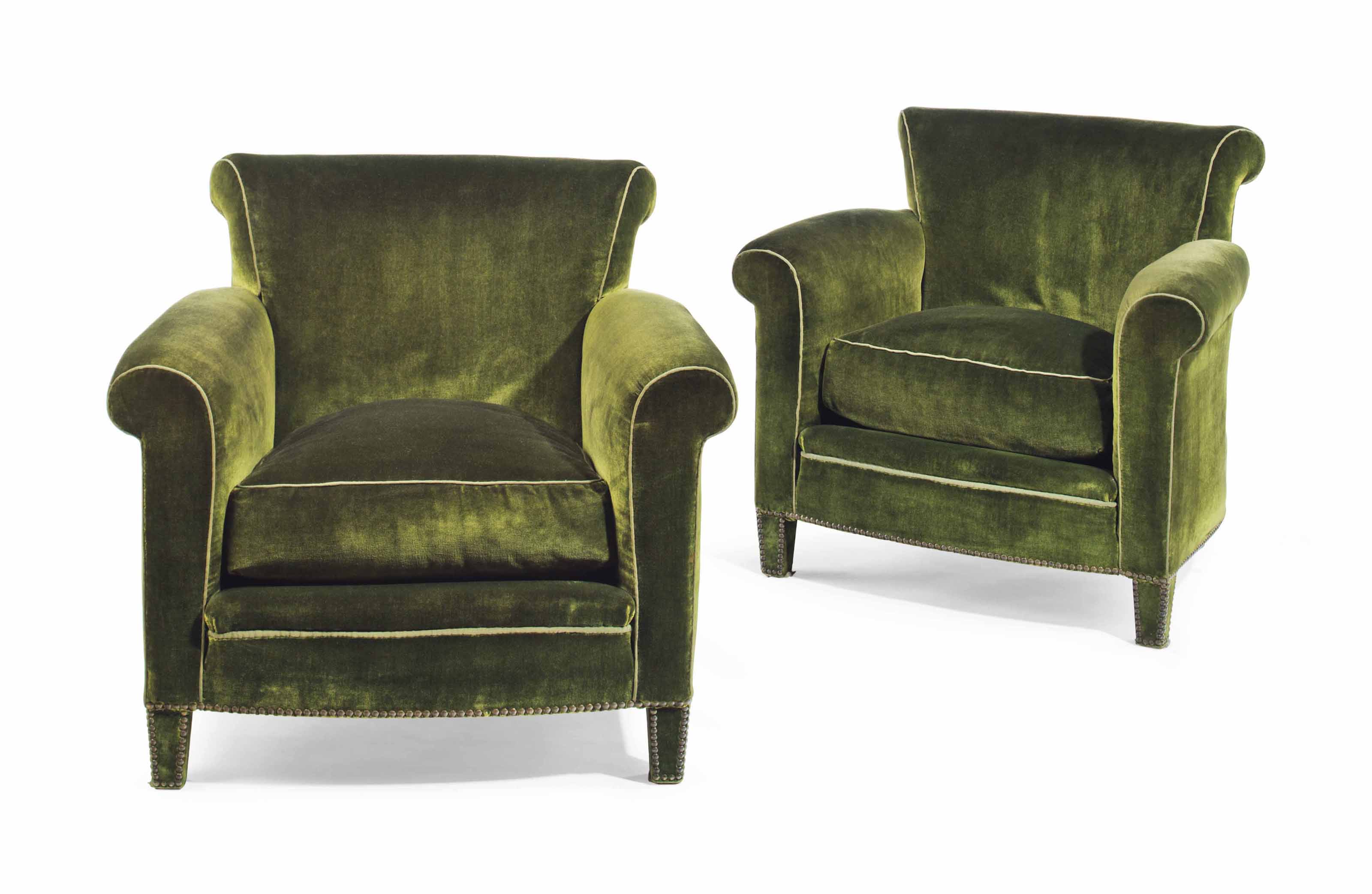A PAIR OF GREEN VELVET UPHOLSTERED CLUB CHAIRS , BY MAISON JANSEN, MID