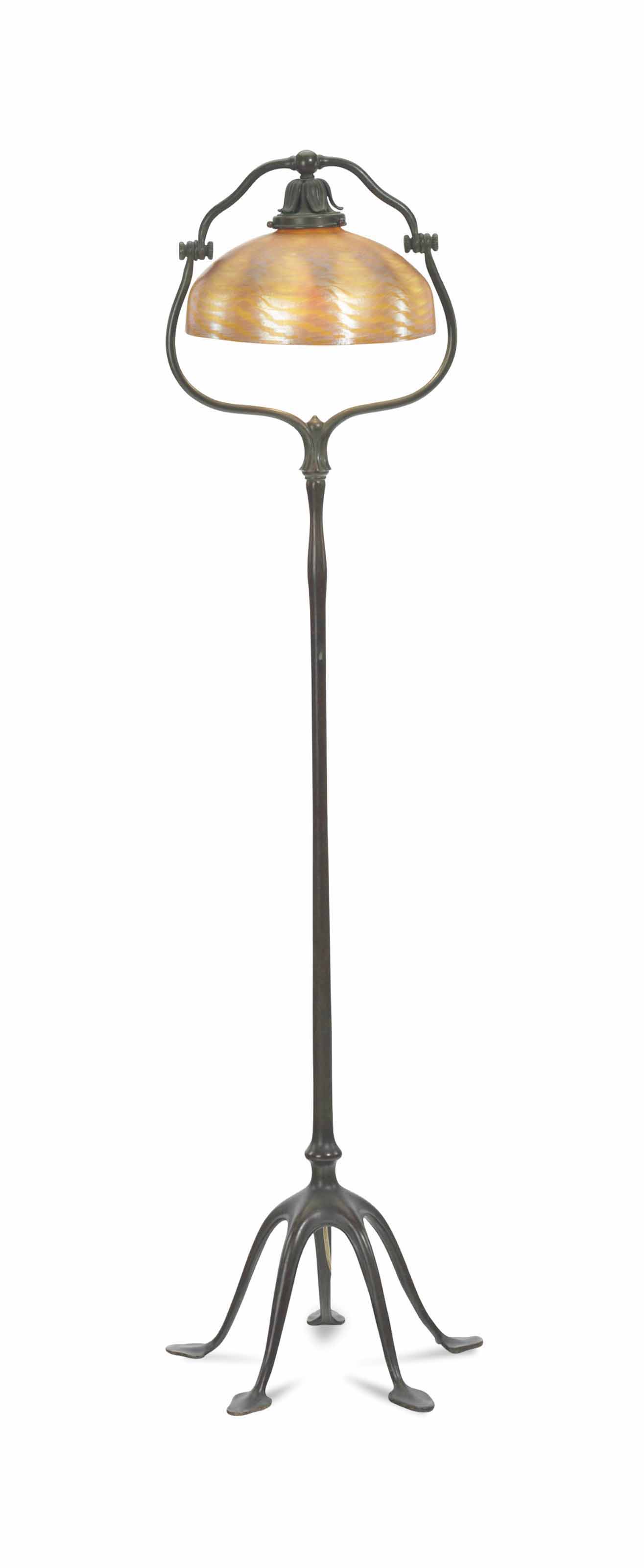 AN AMERICAN PATINATED BRONZE FLOOR LAMP BASE AND FAVRILE GLASS SHADE