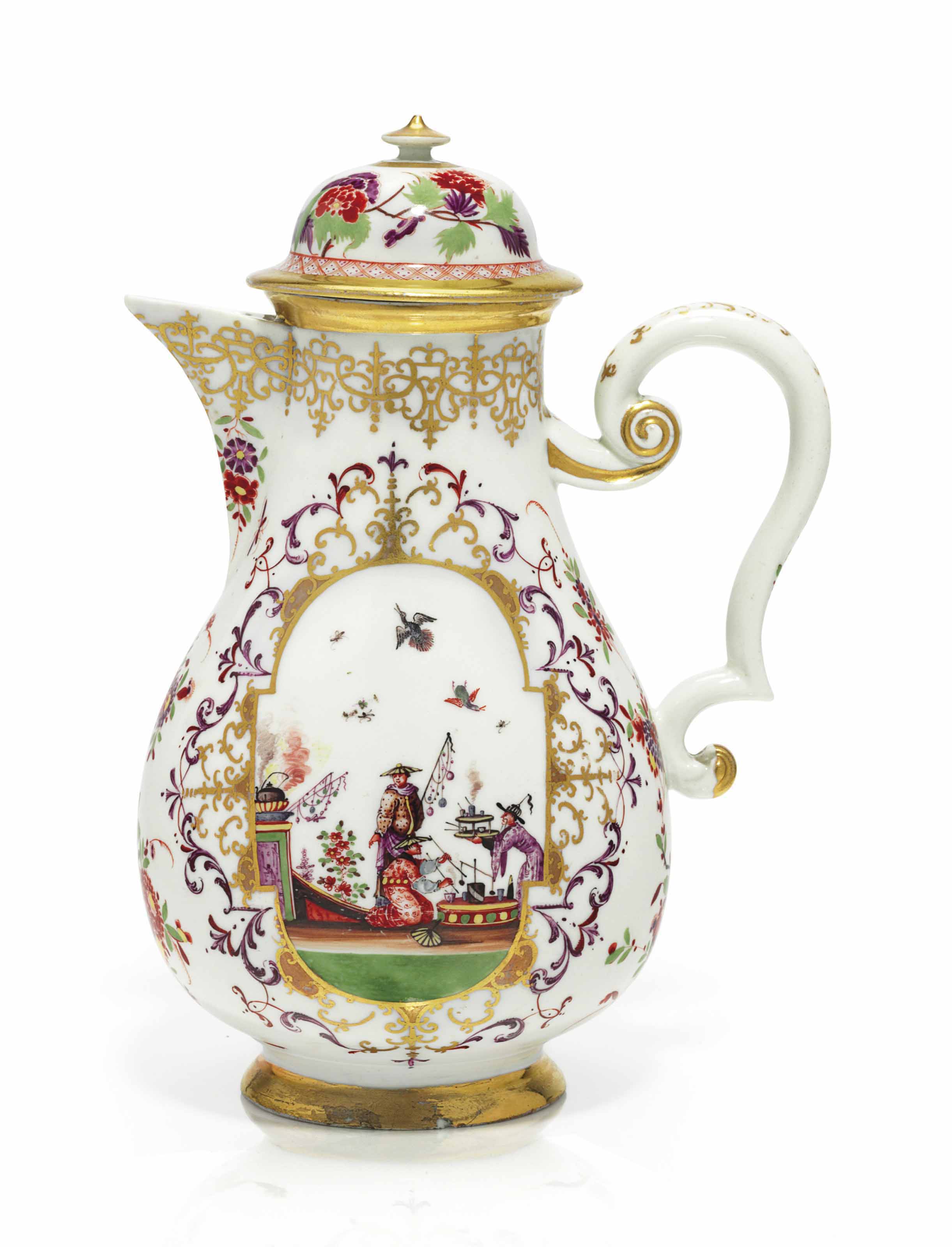 A MEISSEN PORCELAIN COFFEEPOT AND COVER , CIRCA 1725, GILDER'S 23. TO