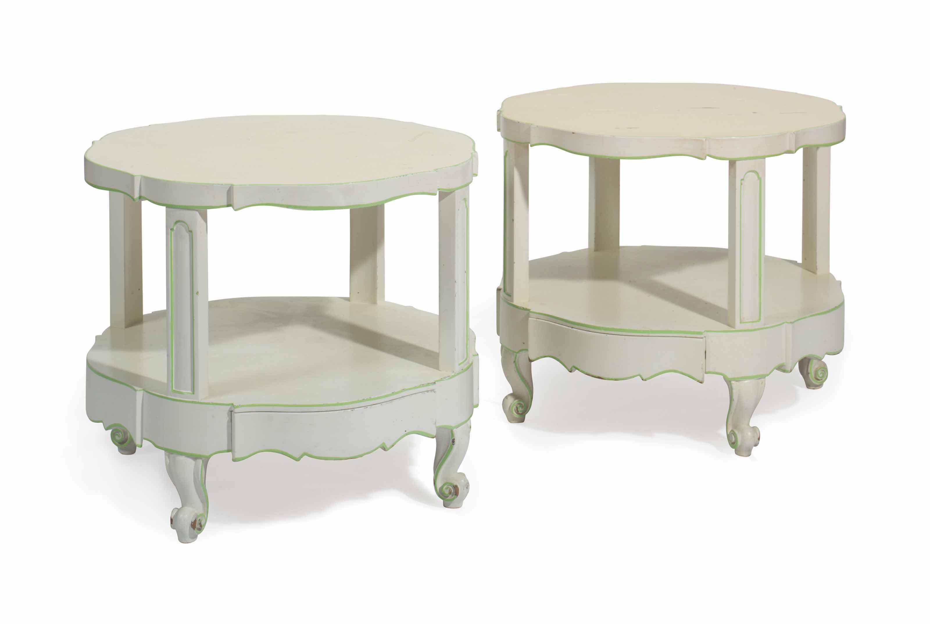 A Pair Of Cream And Green Painted Two Tier Side Tables