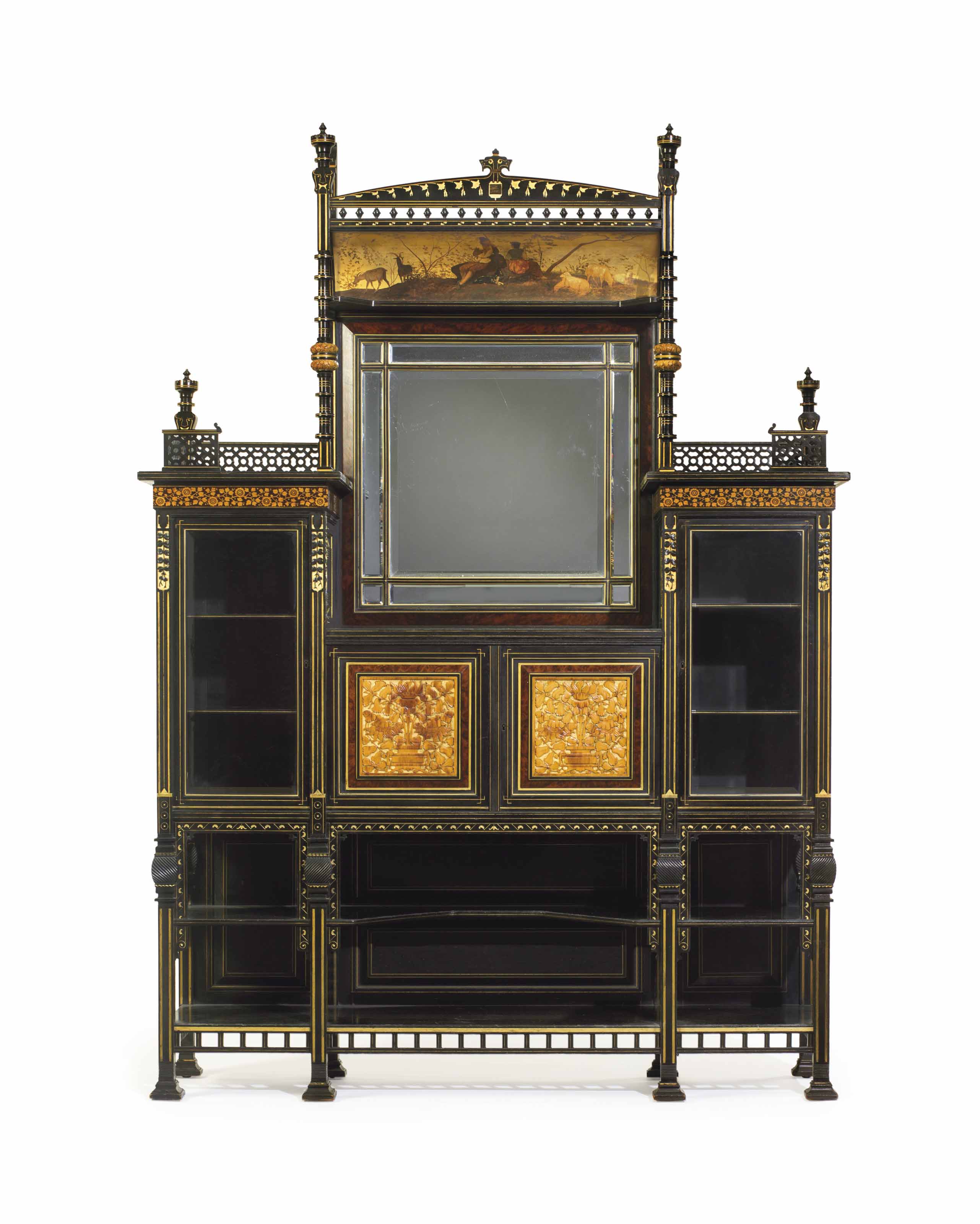 AN AESTHETIC MOVEMENT PARCELGILT AND INLAID EBONIZED CHERRYWOOD