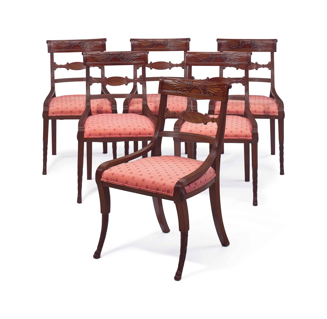 A SET OF SIX CLASSICAL CARVED MAHOGANY DINING CHAIRS, NEW YORK, 19TH
