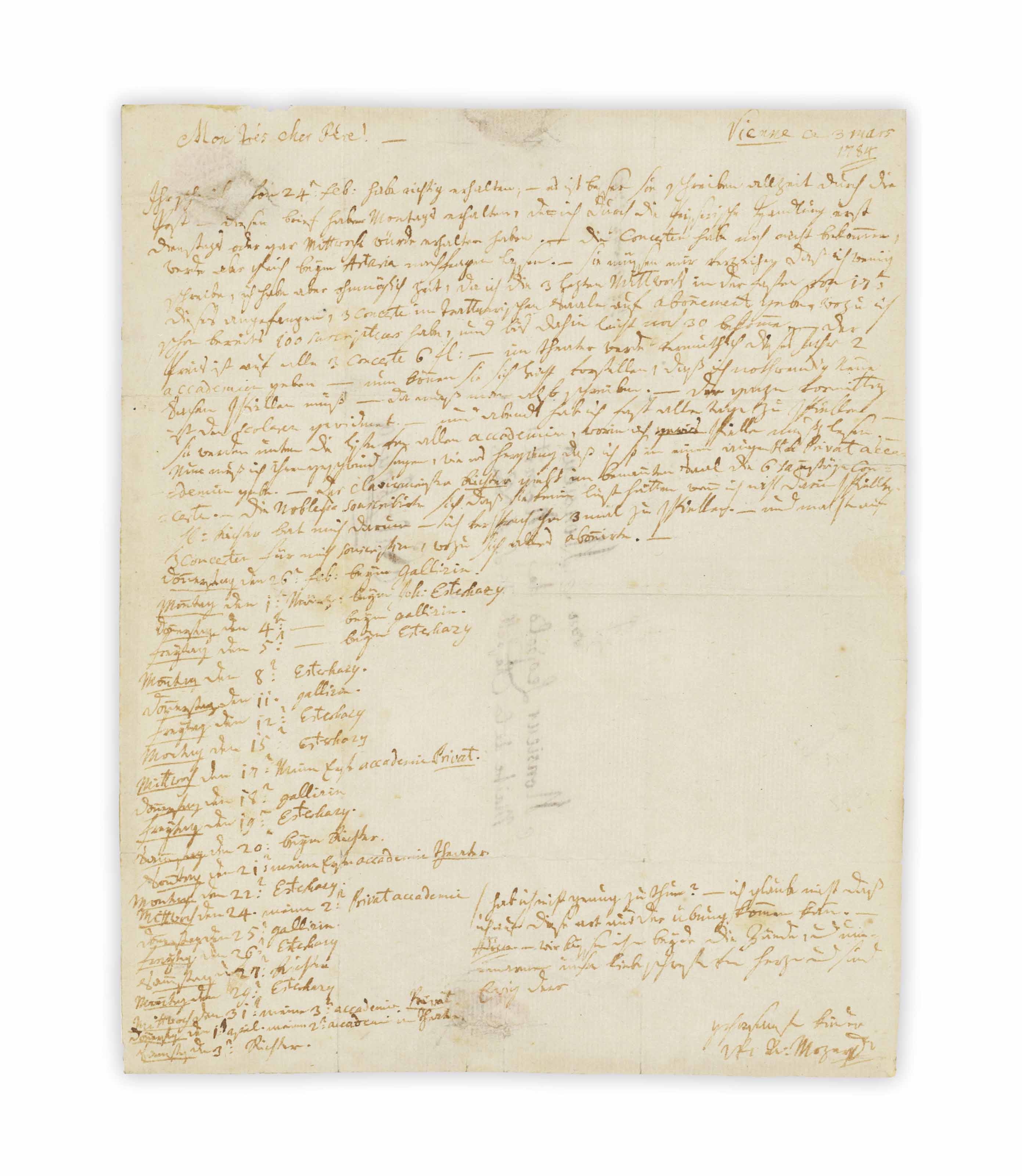 Mozart Wolfgang Amadeus 1756 1791 Autograph Letter Signed W A Mozart To His Father Leopold Mon Tres Chere Pere Vienna 3 March 1784 His father, leopold mozart, a noted composer and pedagogue and the author of a famous treatise on violin playing, was then in the. mozart wolfgang amadeus 1756 1791