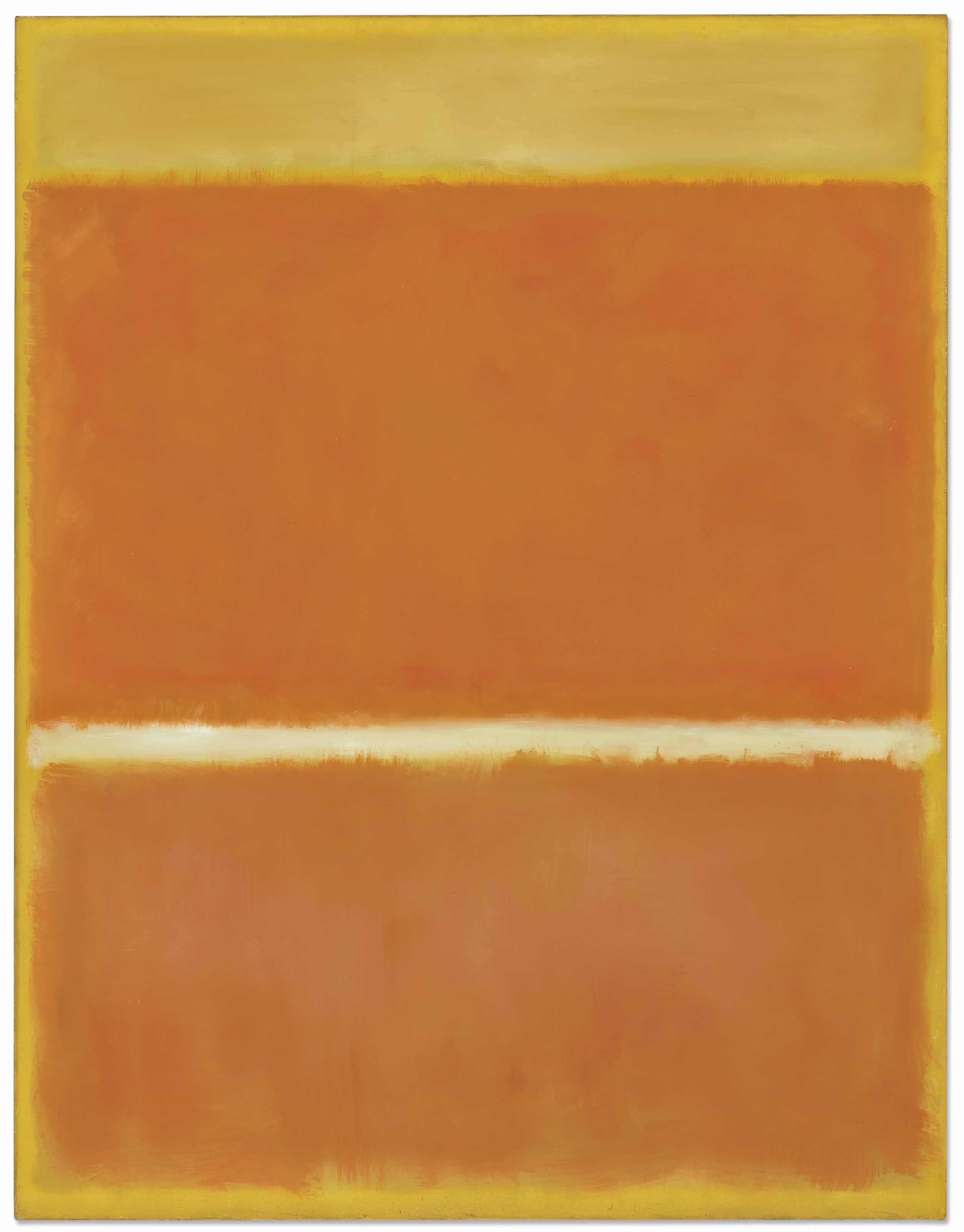 Mark Rothko (1903-1970), Saffron, painted in 1957. 69&frac12; x 53&frac34;  in (175.6 x 136.5  cm). Sold for $32,375,000 in the Post-War &amp; Contemporary Art Evening Sale on 15 November 2017  at Christie&rsquo;s in New York