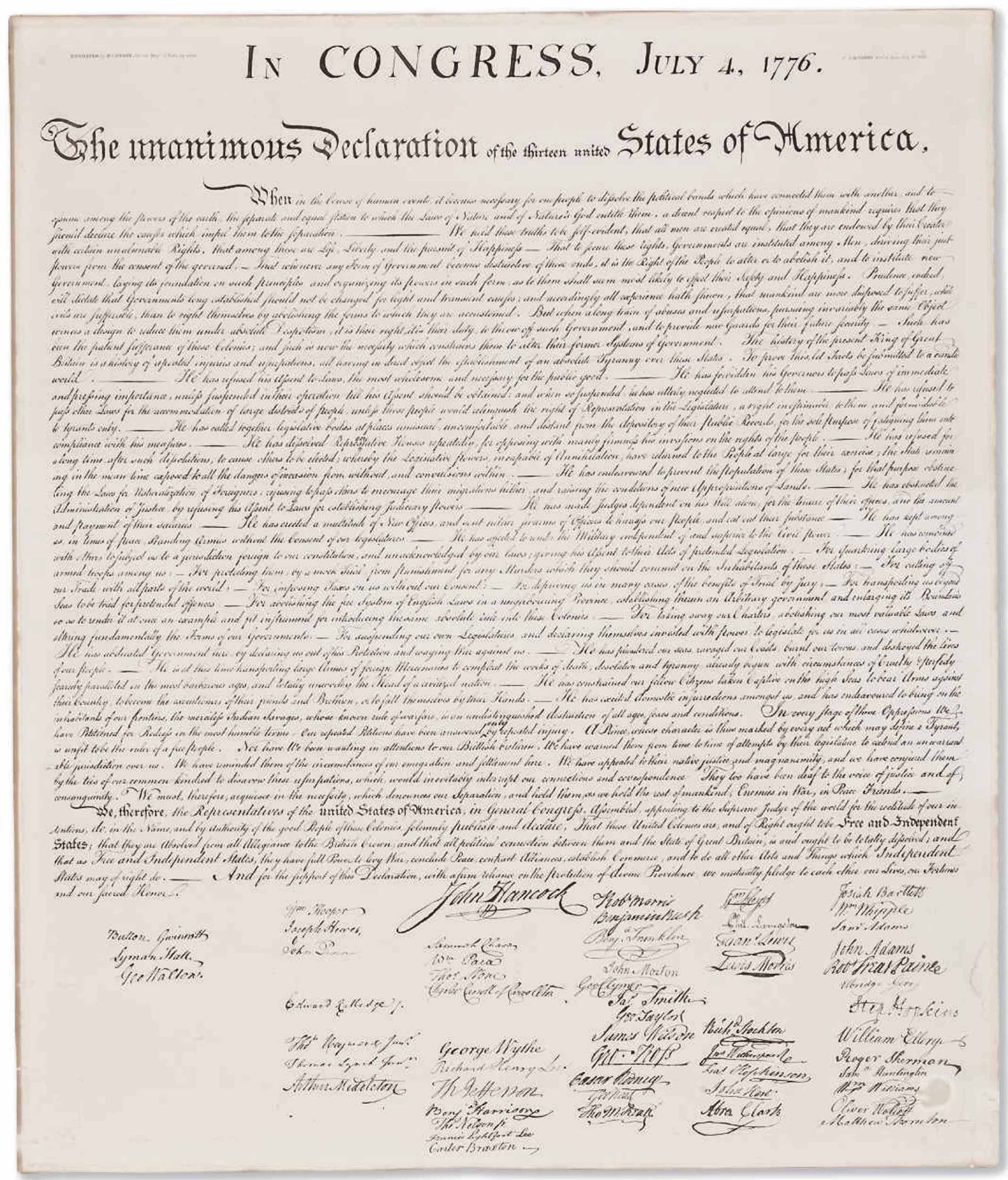 Declaration of Independence: In Congress, July 4, 1776. The Unanimous Declaration of the Thirteen United States of America. Washington: W. I. Stone for the Department of State, 4 July 1823. Estimate: $400,000-600,000. This lot is offered in Fine Printed Books and Manuscripts Including Americana on 5 December 2017  at Christie&rsquo;s in New York