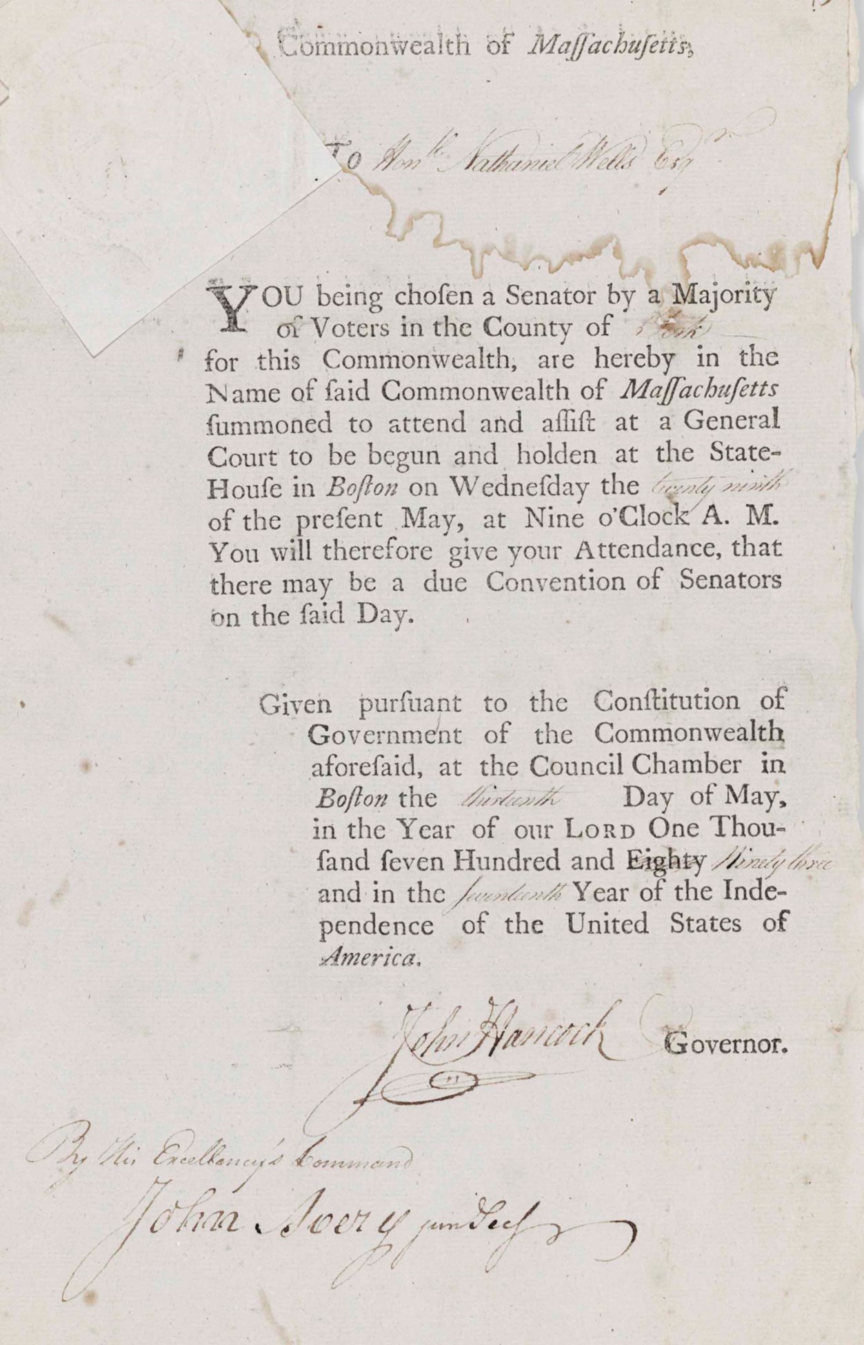 HANCOCK, John (1737-1793). Document signed ("John Hancock") as Governor ...