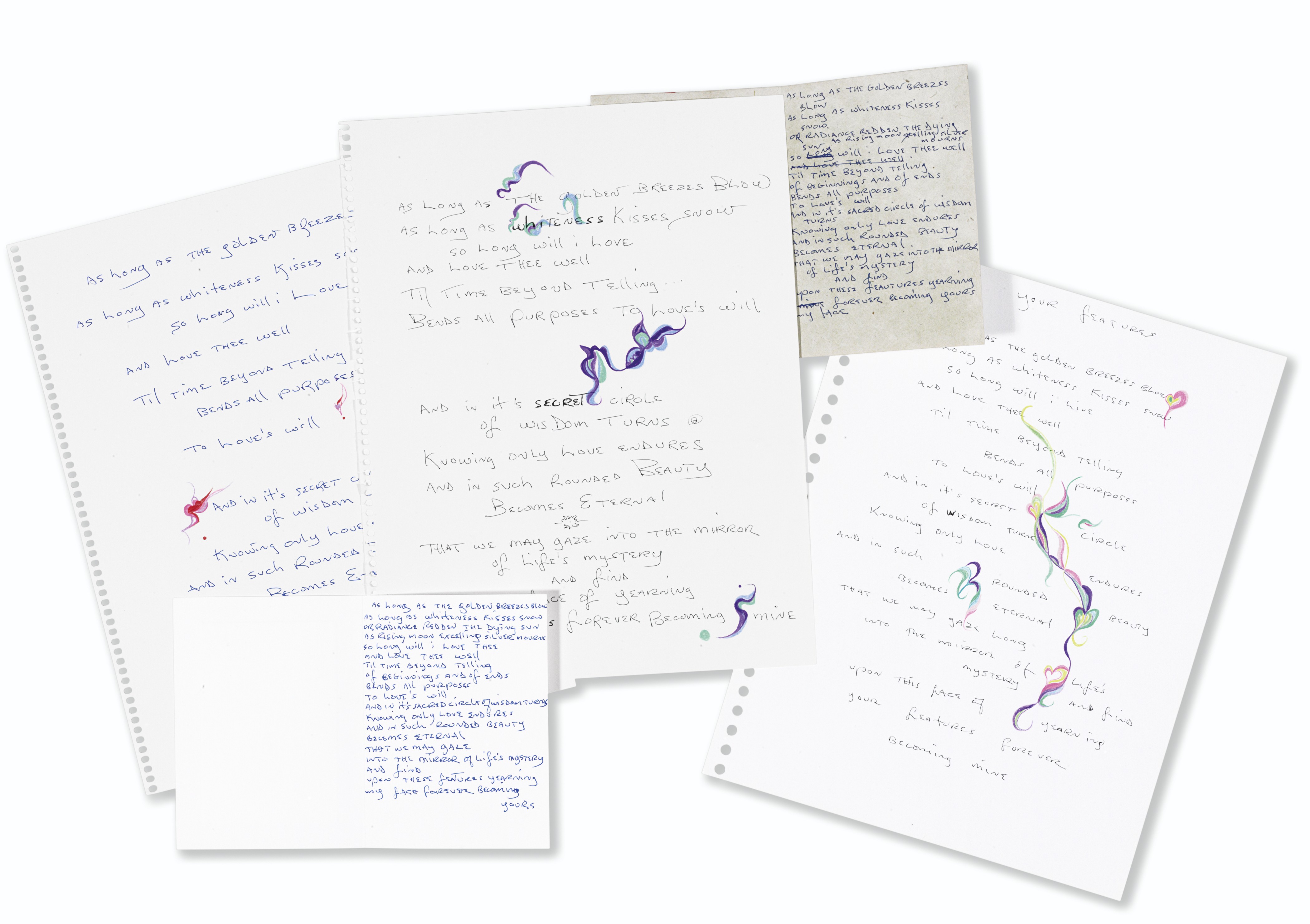 Dylan, Bob (b. 1941), and Rogerson, Margie (b. 1947). Five autograph manuscript versions of the poem &lsquo;Your Features&rsquo; in Dylan&rsquo;s hand, three of these collaborative works illuminated with original drawings by Rogerson, circa 2001. Estimate: $8,000-12,000. This lot is offered in Fine Printed Books and Manuscripts Including Americana on 5 December 2017  at Christie&rsquo;s in New York