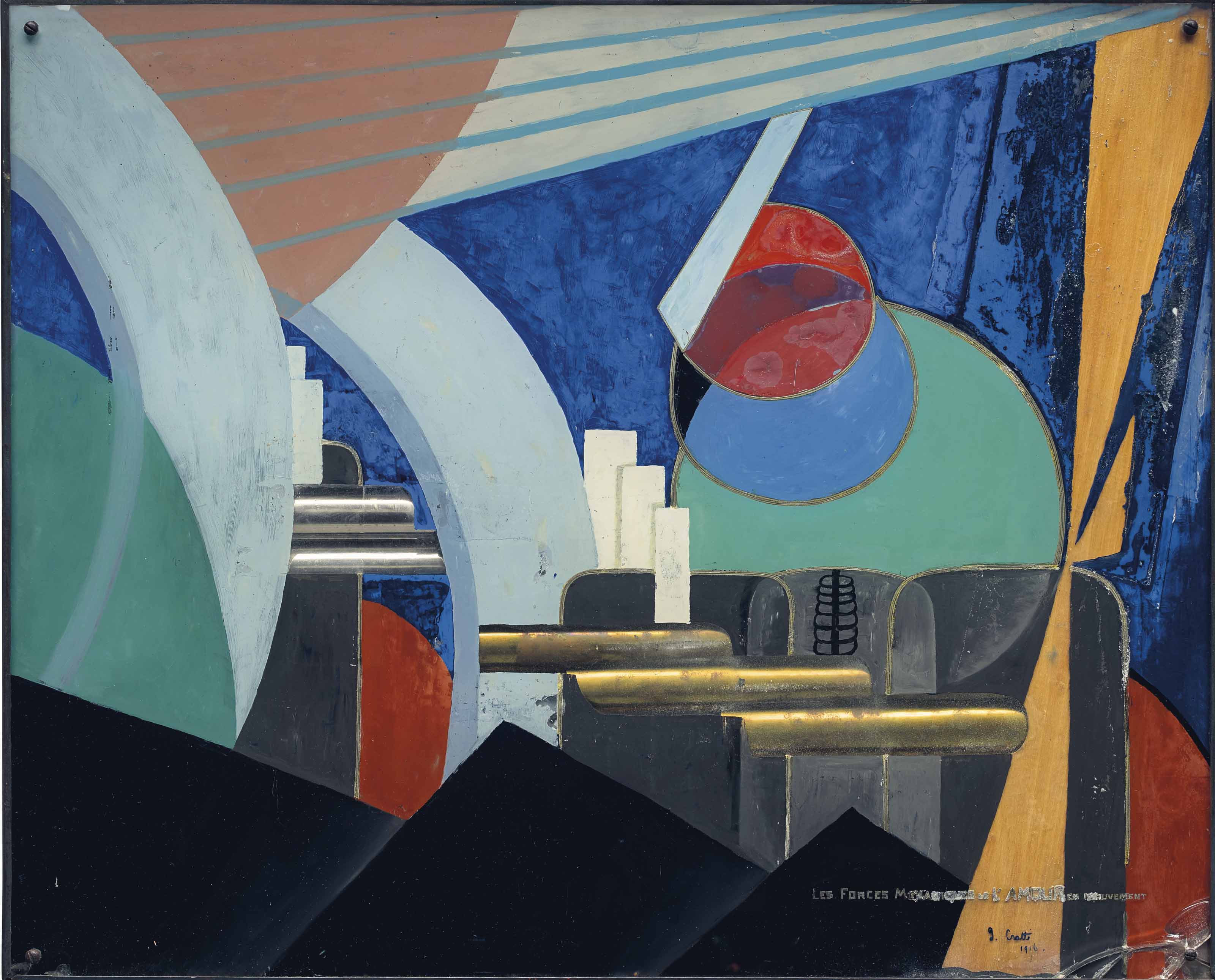 Jean Crotti (1878-1958), Les forces m&eacute;caniques de l&rsquo;amour en mouvement, New York, 1916. Oil on glass, wood, newsprint, tin, paper, wire and metal tubing assemblage. Executed in new york, 1916. Oil on glass, wood, newsprint, tin, paper, wire and metal tubing assemblage. 23&frac34; x 29&frac14; in (60.2 x 74.3 cm). Sold for $1,032,500 on 13 November 2017 at Christie&rsquo;s in New York