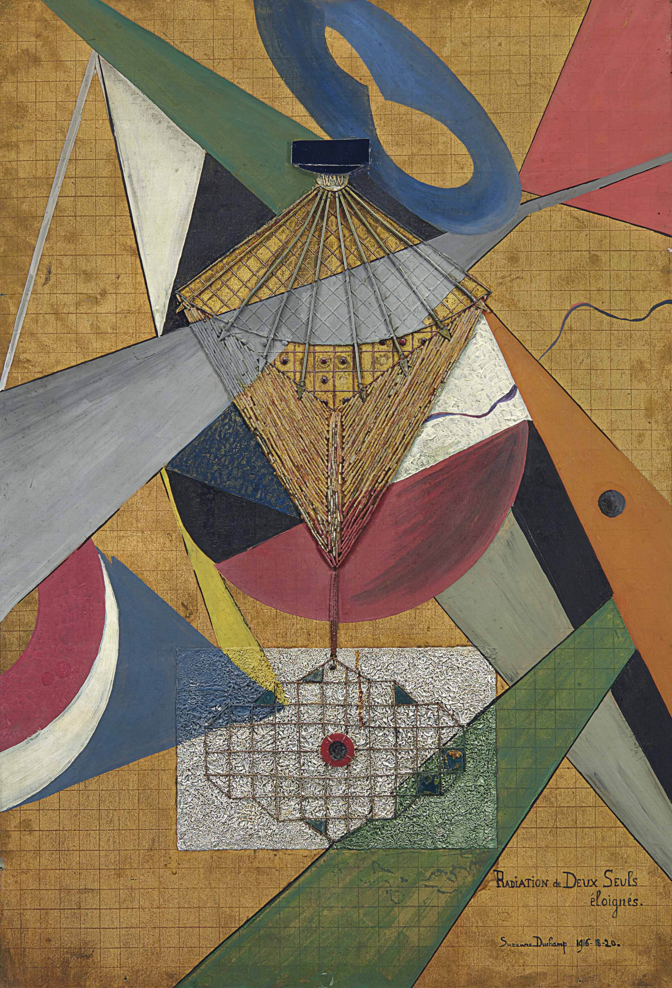 Suzanne Duchamp (1889-1963), Radiation de deux seuls &eacute;loign&eacute;s, 1916-20. Oil, gold paint, string, wax, plastic, glass beads and tinfoil assemblage on canvas. 28&frac34; x 19&frac34; in (73.1 x 50 cm). Sold for $1,812,500 on 13 November 2017 at Christie&rsquo;s in New York