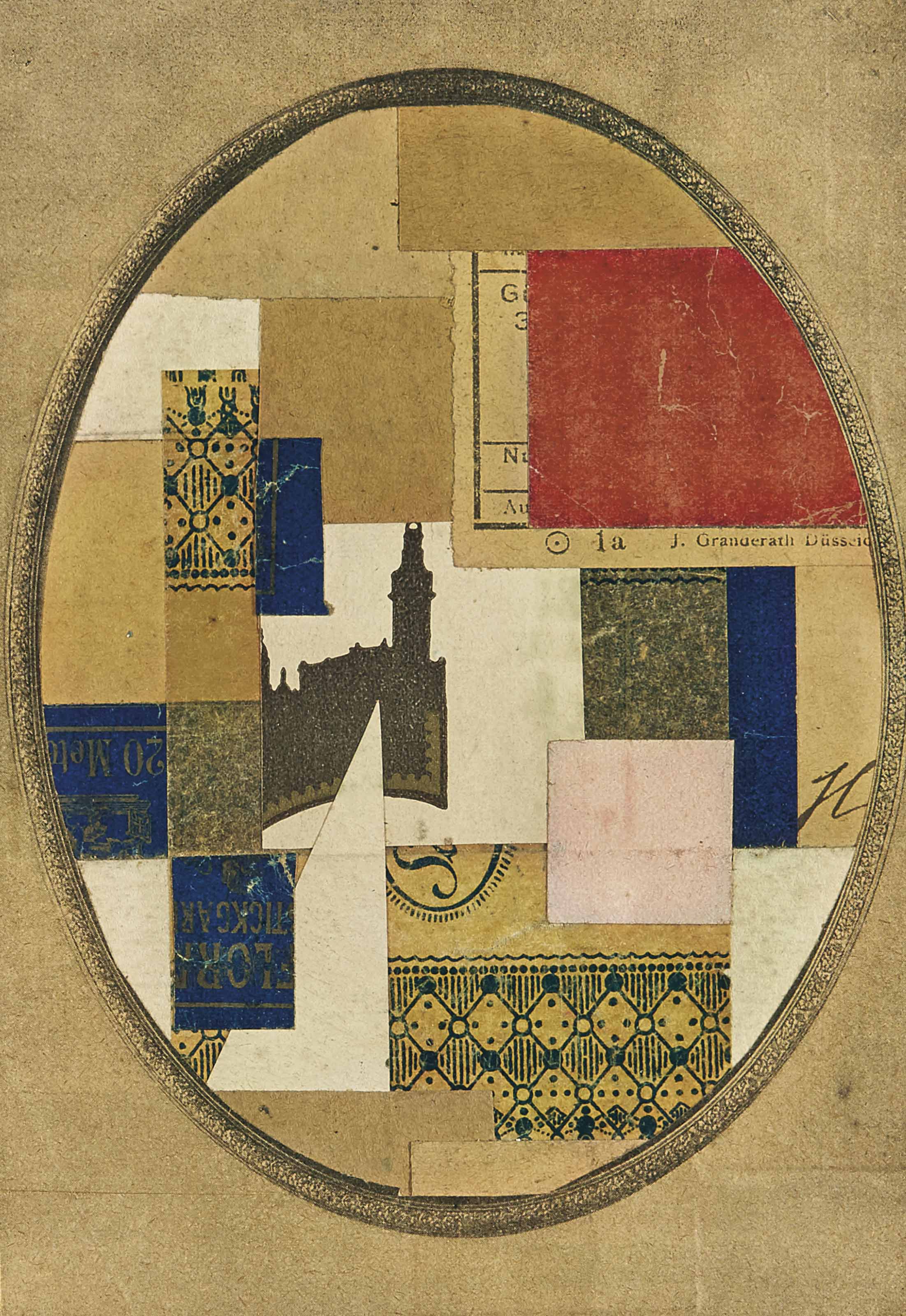 Kurt Schwitters (1887-1948), Mz 491, 1922. Paper collage on paper laid down on paper. Executed in 1922. Image: 6 x 4⅛ in (15 x 10.4 cm). Sold for $162,500 on 14 November 2017 at Christie&rsquo;s in New York