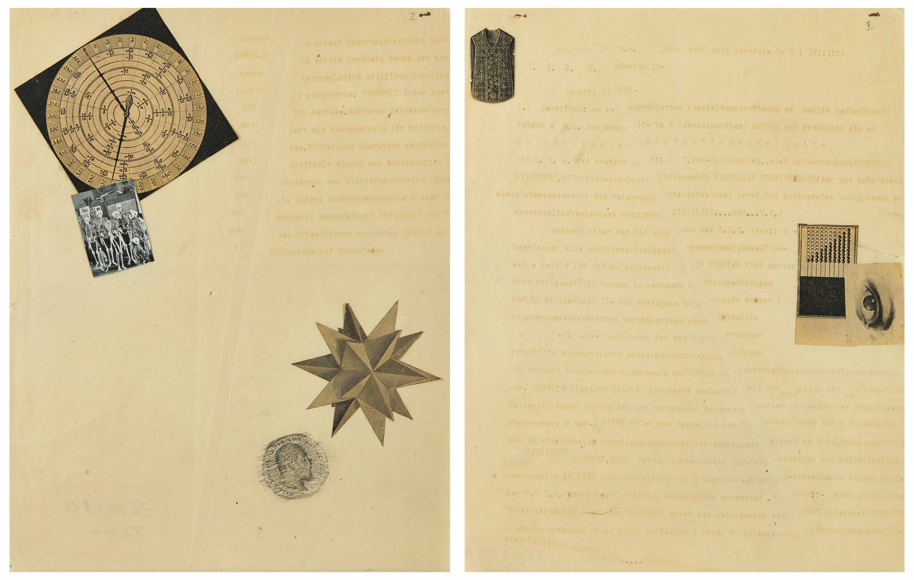 Max Ernst (1891-1976) and Johannes Theodor Baargeld (1892-1927), Typoskript-Manifest, 1920. First: printed paper collage on typed paper. Second: printed paper collage and frottage on typed paper. Each: 11&frac14; x 8⅞ in (28.6 x 22.4 cm). Sold for $62,500 on 14 November 2017 at Christie&rsquo;s in New York