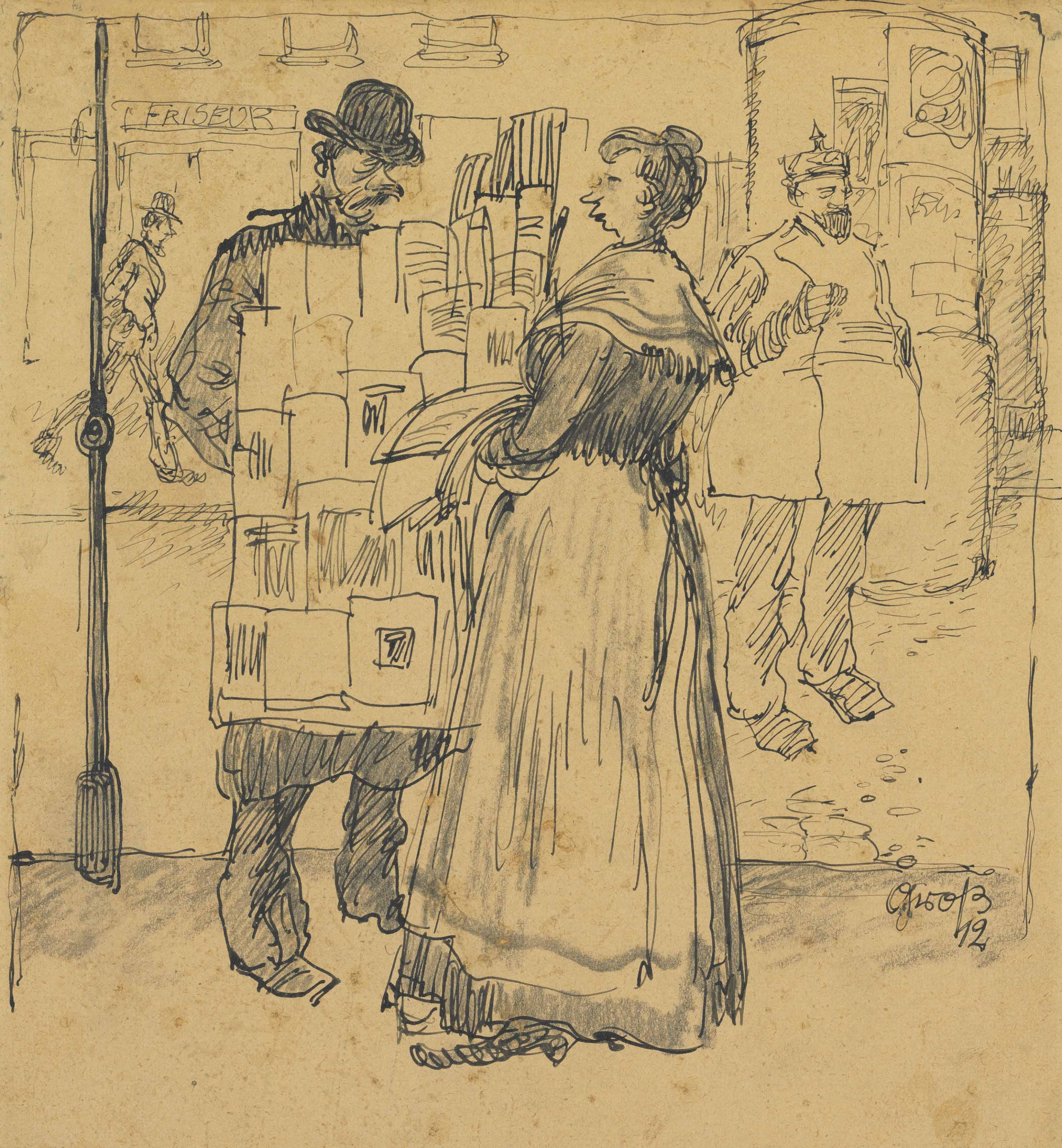 George Grosz (1893-1959), Fliegender H&auml;ndler, Berlin, 1912. 7&frac12; x 6⅝  in (19.5 x 16.5  cm). Sold for $7,500 on 14 November 2017 at Christie&rsquo;s in New York