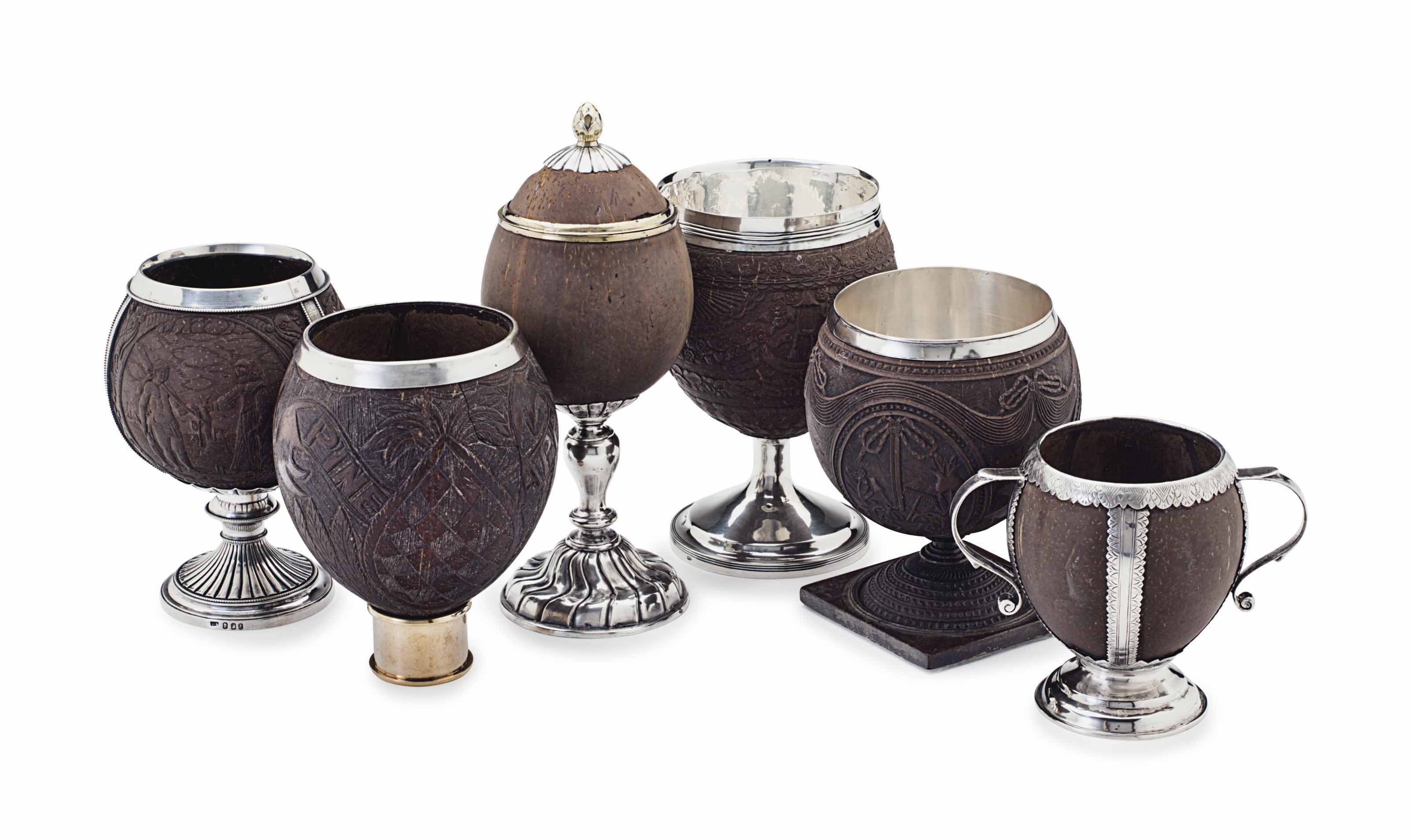 A GROUP OF SIX SILVERMOUNTED COCONUT CUPS