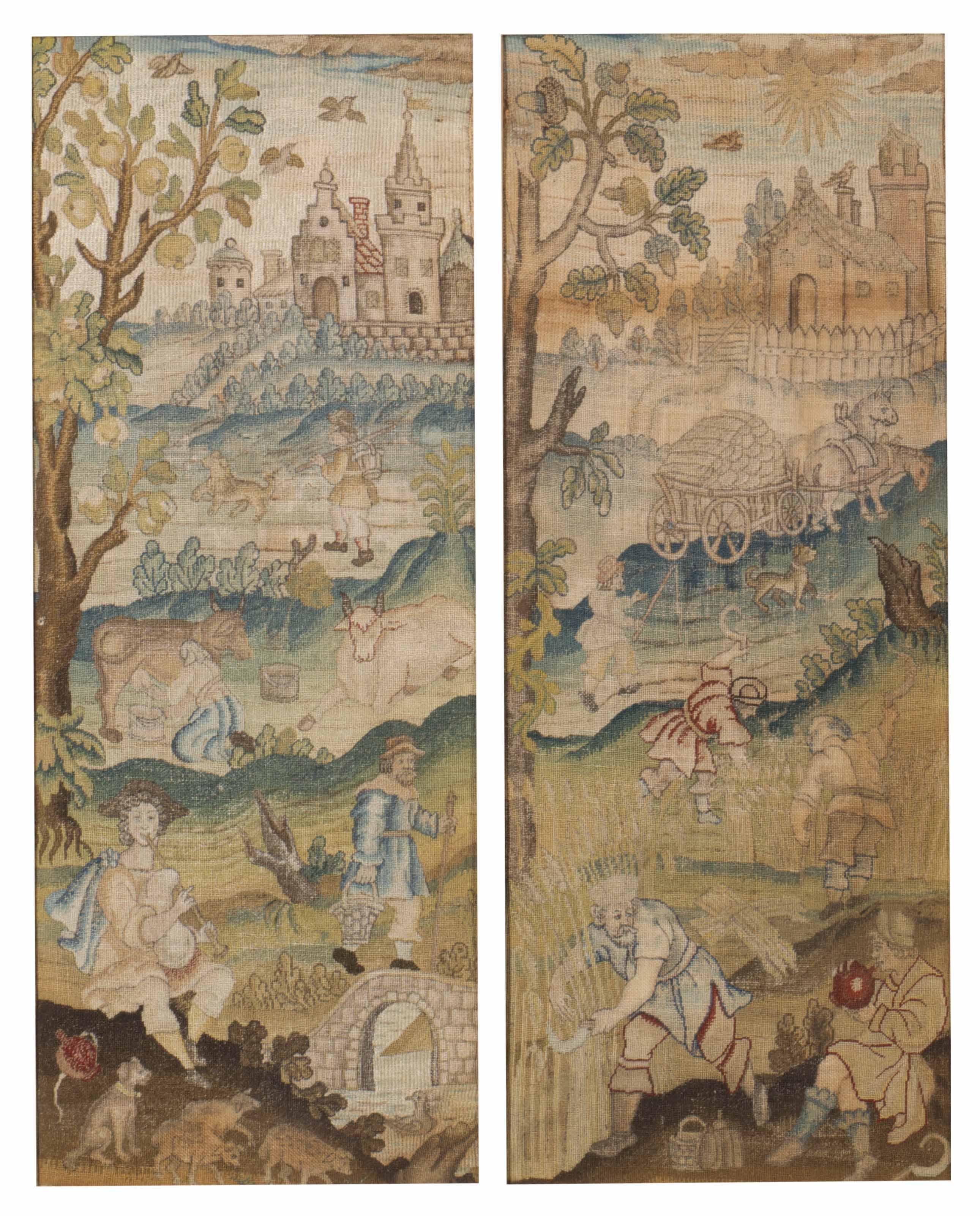 Two English Silk Petit Point Panel Fragments First Half 17th