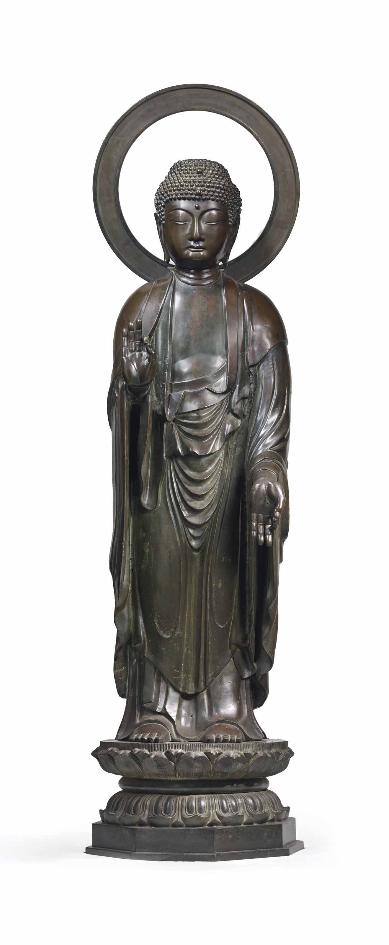 Importante Statue De Bouddha Amitabha En Bronze