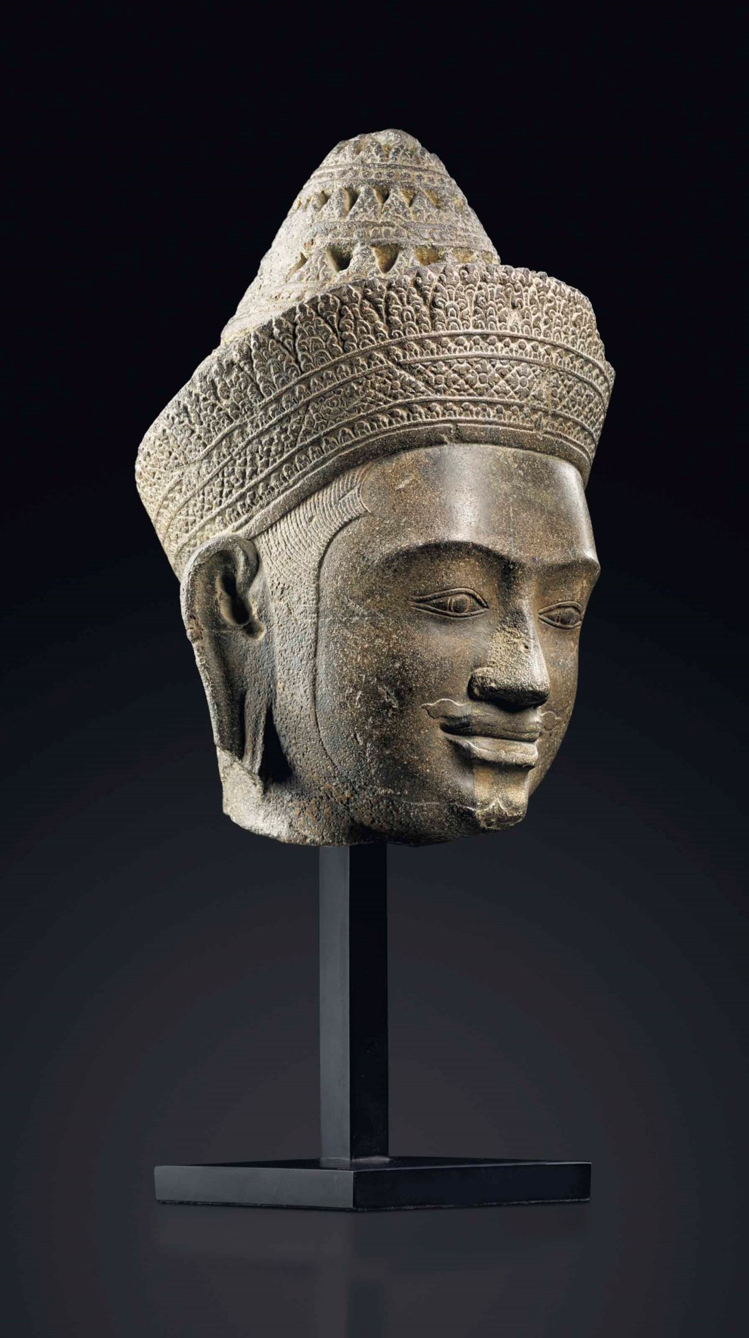 Grande Tête Khmère En Grès Du Cambodge, Statue Harihara, Pierre