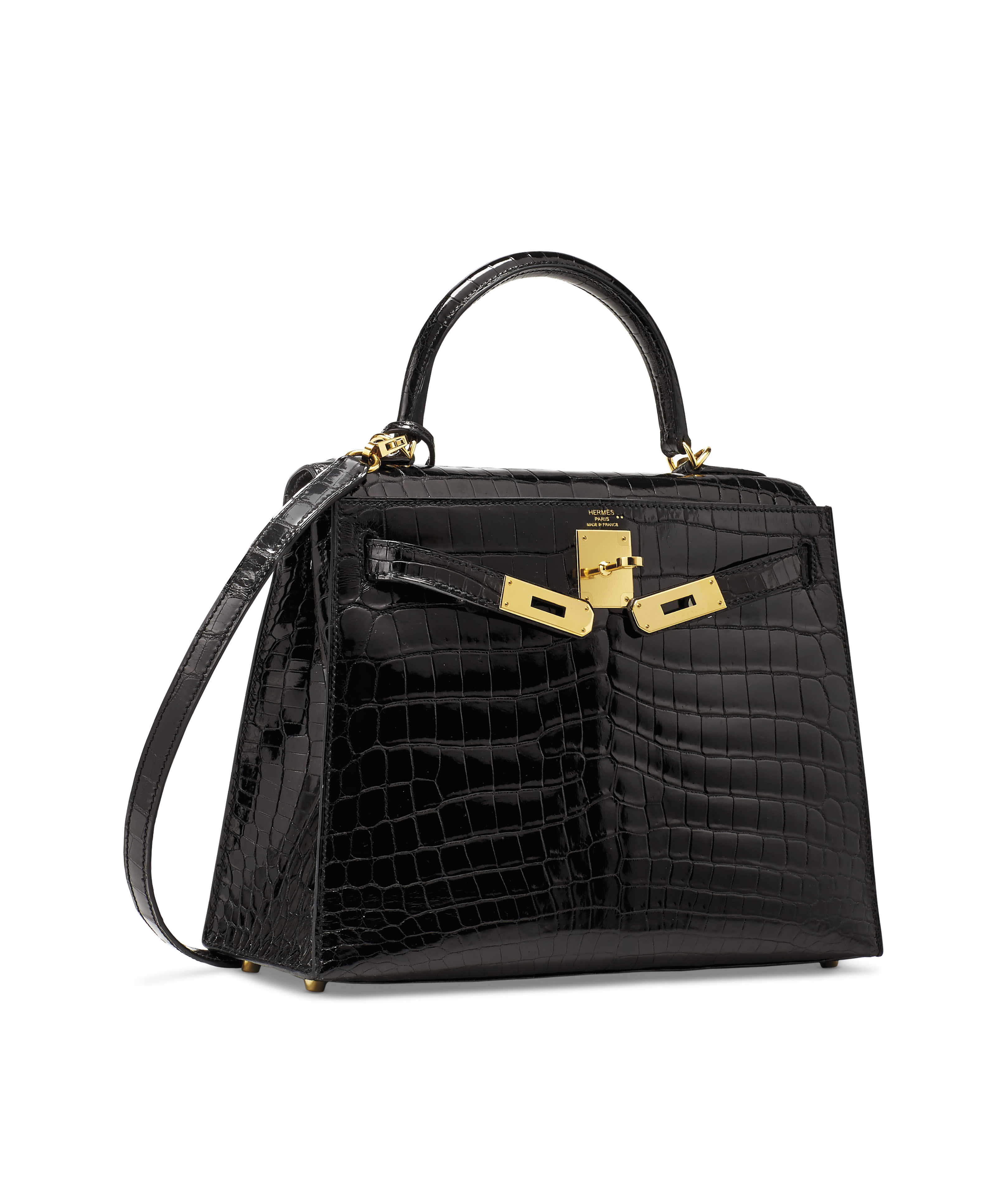 SAC KELLY SELLIER 28 EN CROCODILE NILOTICUS LISSE NOIR, GARNITURE EN ...