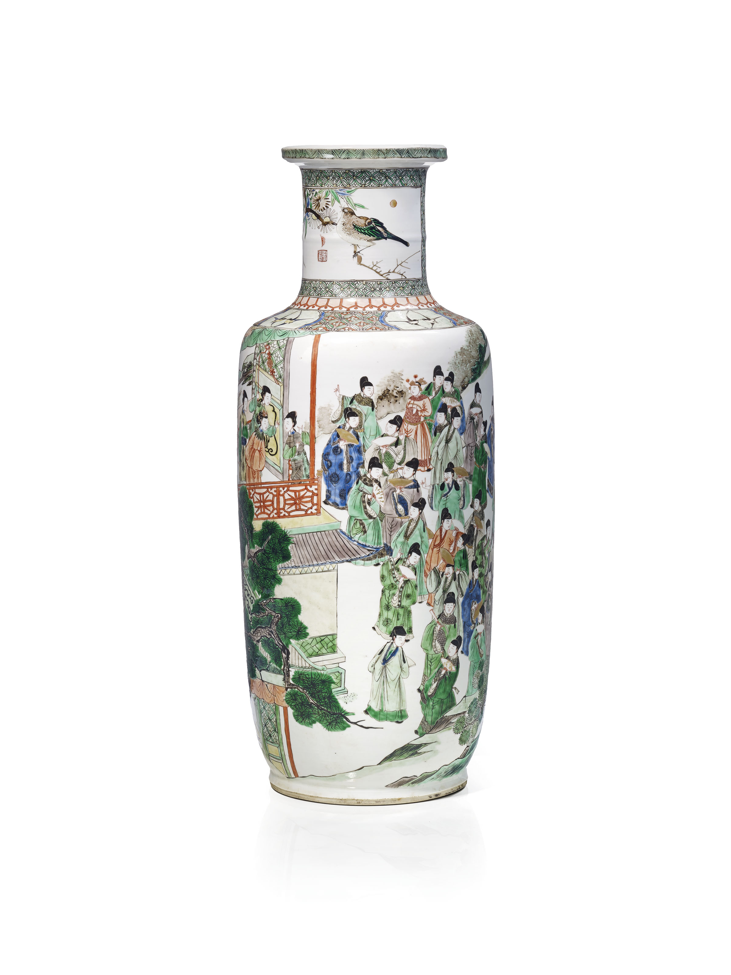 Porcelain rouleau famille verte vase, China, Qing dynasty, Kangxi period (1662-1722). Height: 44  cm (17 &frac14;  in). Estimate: &euro;30,000-50,000. This lot is offered in Art d'Asie on 13 December 2017  at Christie&rsquo;s in Paris