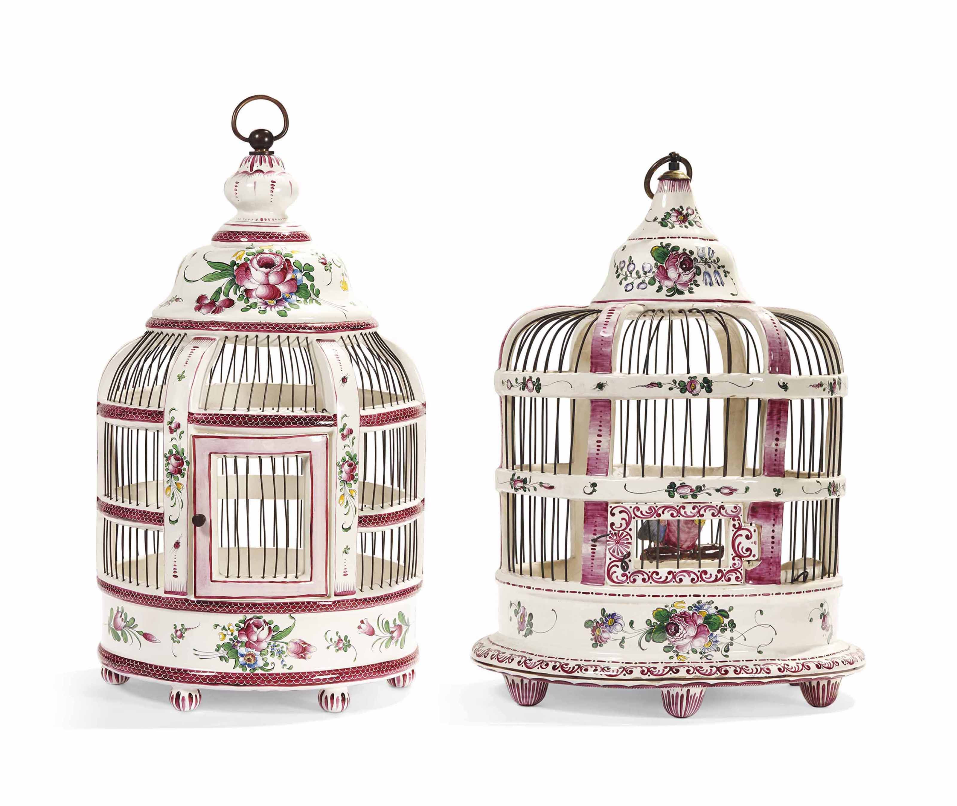 Deux Cages A Oiseaux En Faience Francaise La Monture En