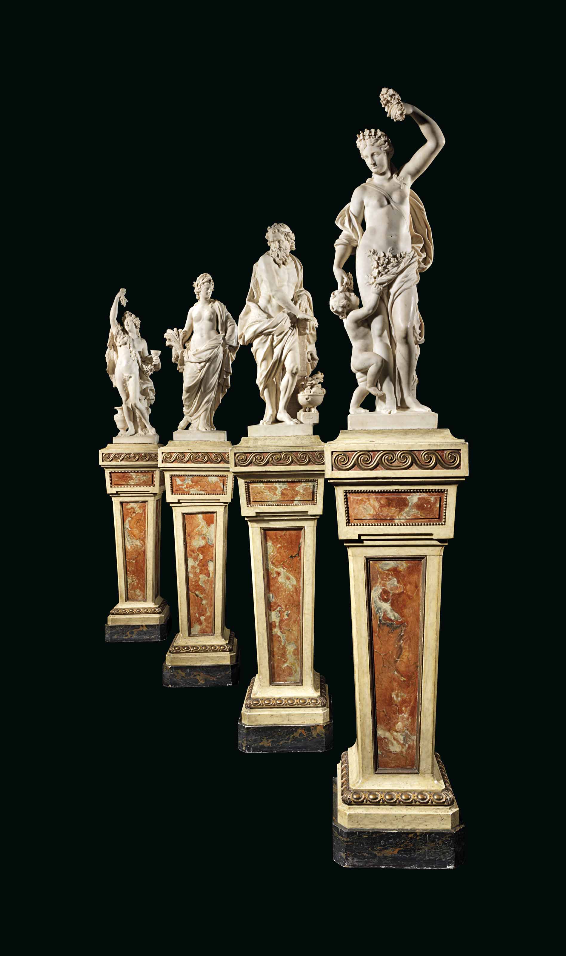 A set of four allegorical marble figures representing the four seasons, Pierre Mazeline (1632-1708), Paris, circa 1690. Spring 34⅛  in (86.5  cm) high; Summer 31  in (78.8  cm) high; Autumn 35 in (89  cm) high; Winter 30&frac14;  in (77  cm high). Estimate: &pound;700,000-1,000,000. Offered in The Exceptional Sale 2018 on 5 July 2018 at Christie&rsquo;s in London