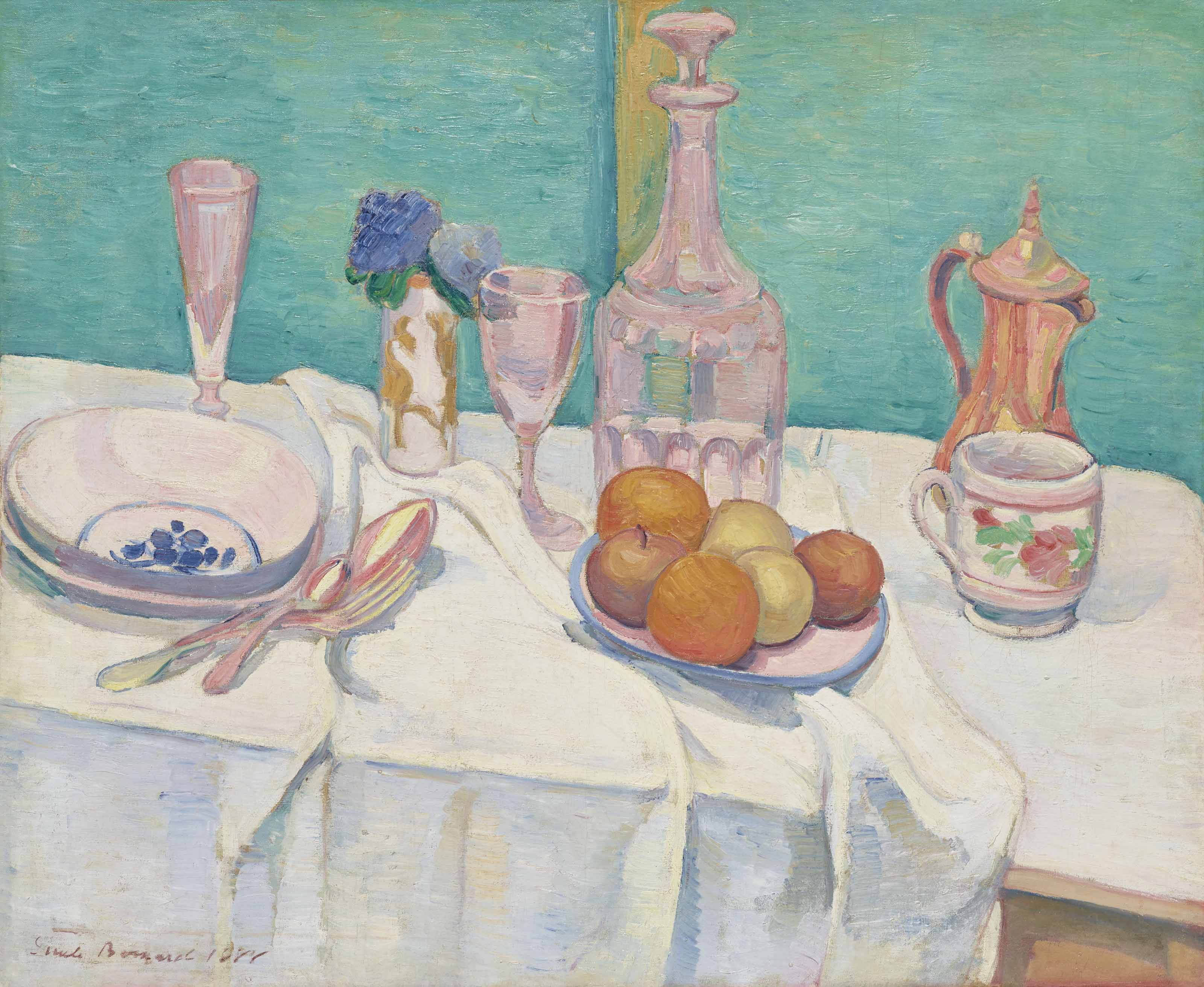 Émile Bernard (1868-1941), Nature morte aux carafe, verres, fruits