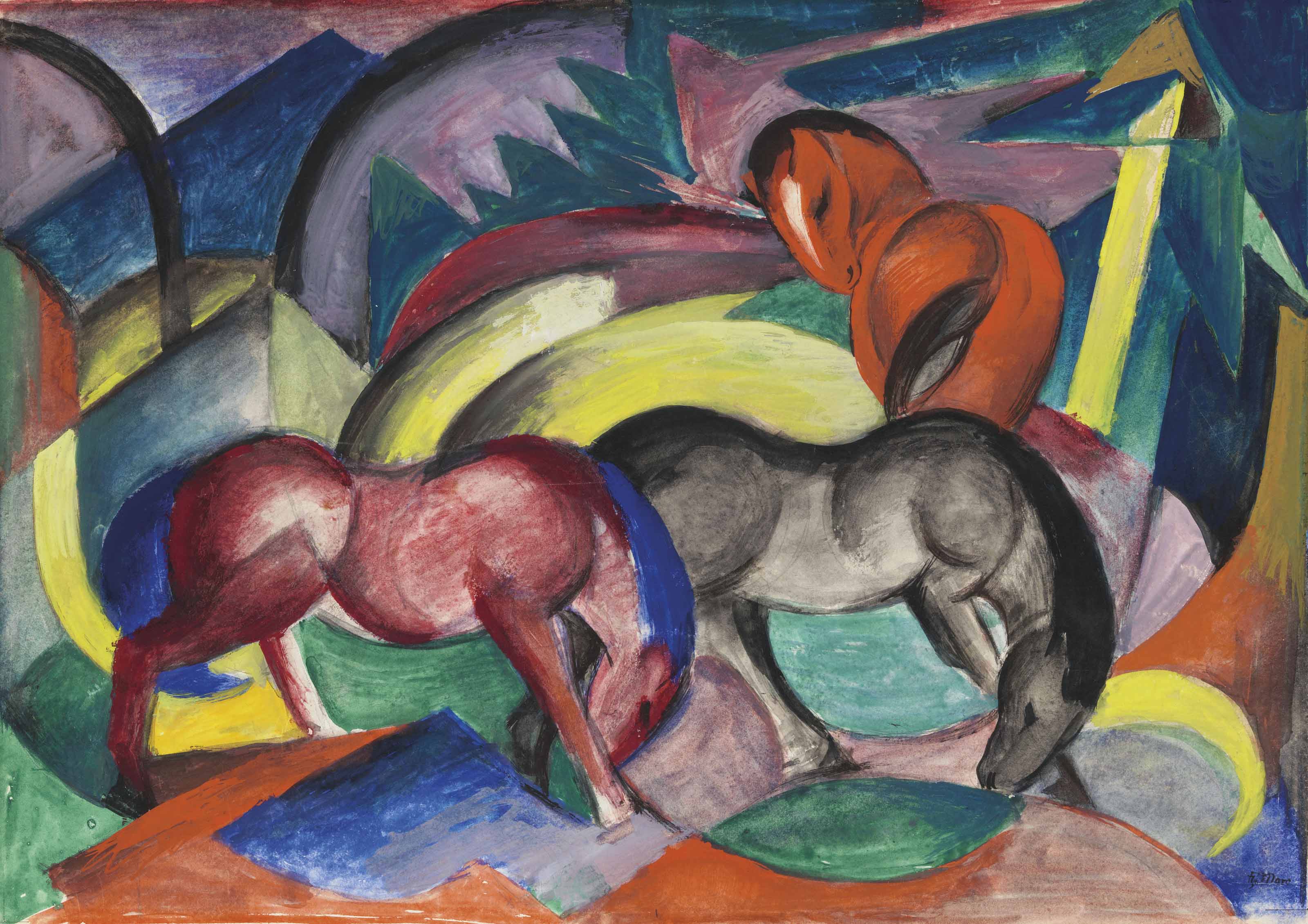 Franz Marc (1880-1916), Drei Pferde, 1912. 13¼ x 18¾  in (33.5 x 47.5  cm). Sold for £15,421,250 on 20 June 2018 at Christie’s in London