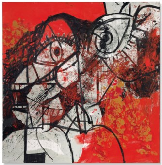 George Condo B 1957 Red And Black Diagonal Portrait