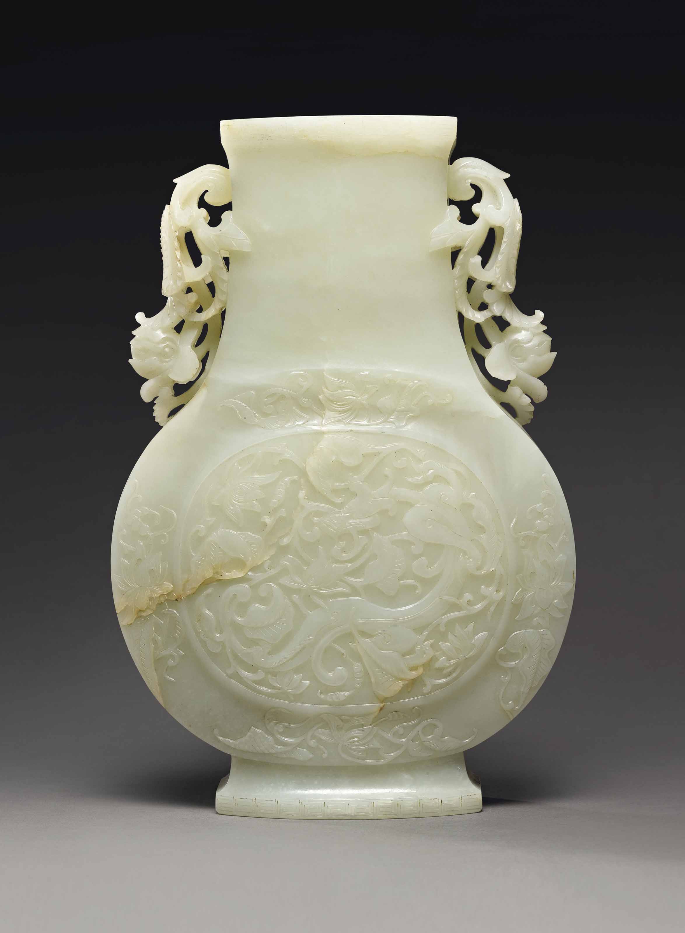 A WHITE JADE TWOHANDLED 'CHILONG' VASE , QIANLONG INCISED SIX