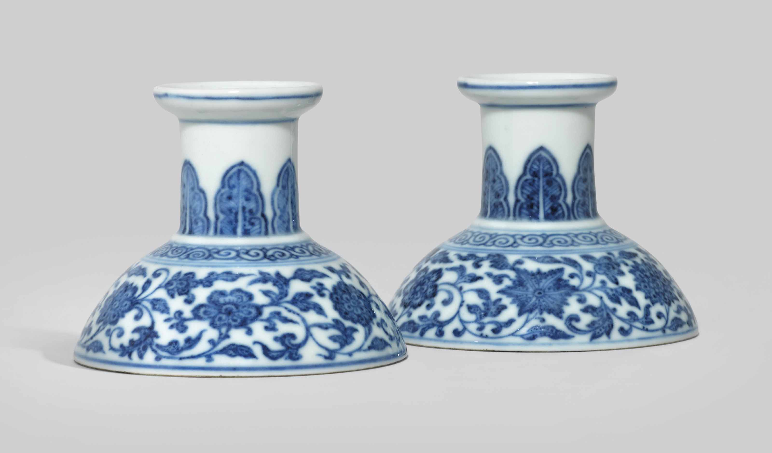 A Pair Of Small Blue And White Candle Holders 18th Century