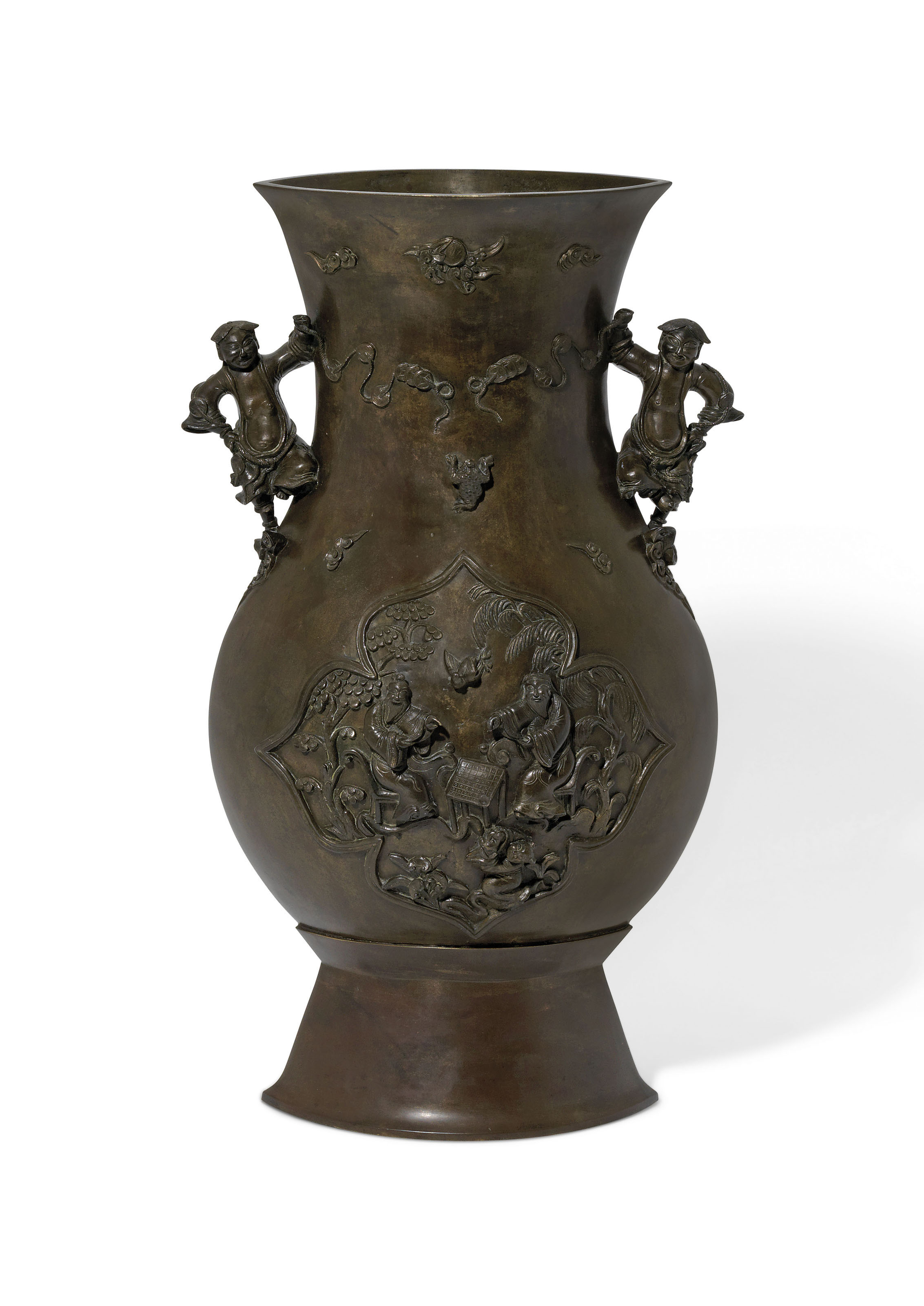 A LARGE 'TWINS OF HAPPINESS AND HARMONY' BRONZE VASE , LATE MING