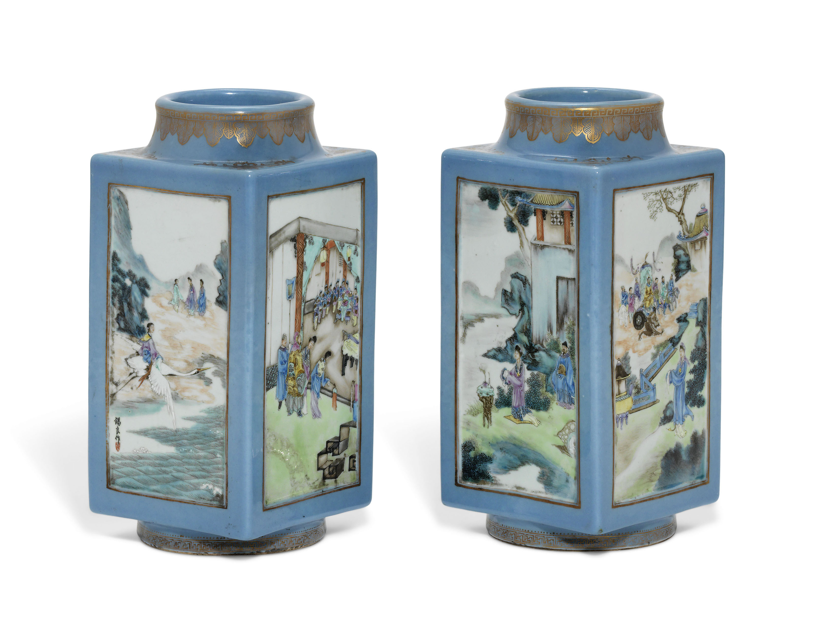 A Pair Of Blue Ground Famille Rose Square Section Vases Cong