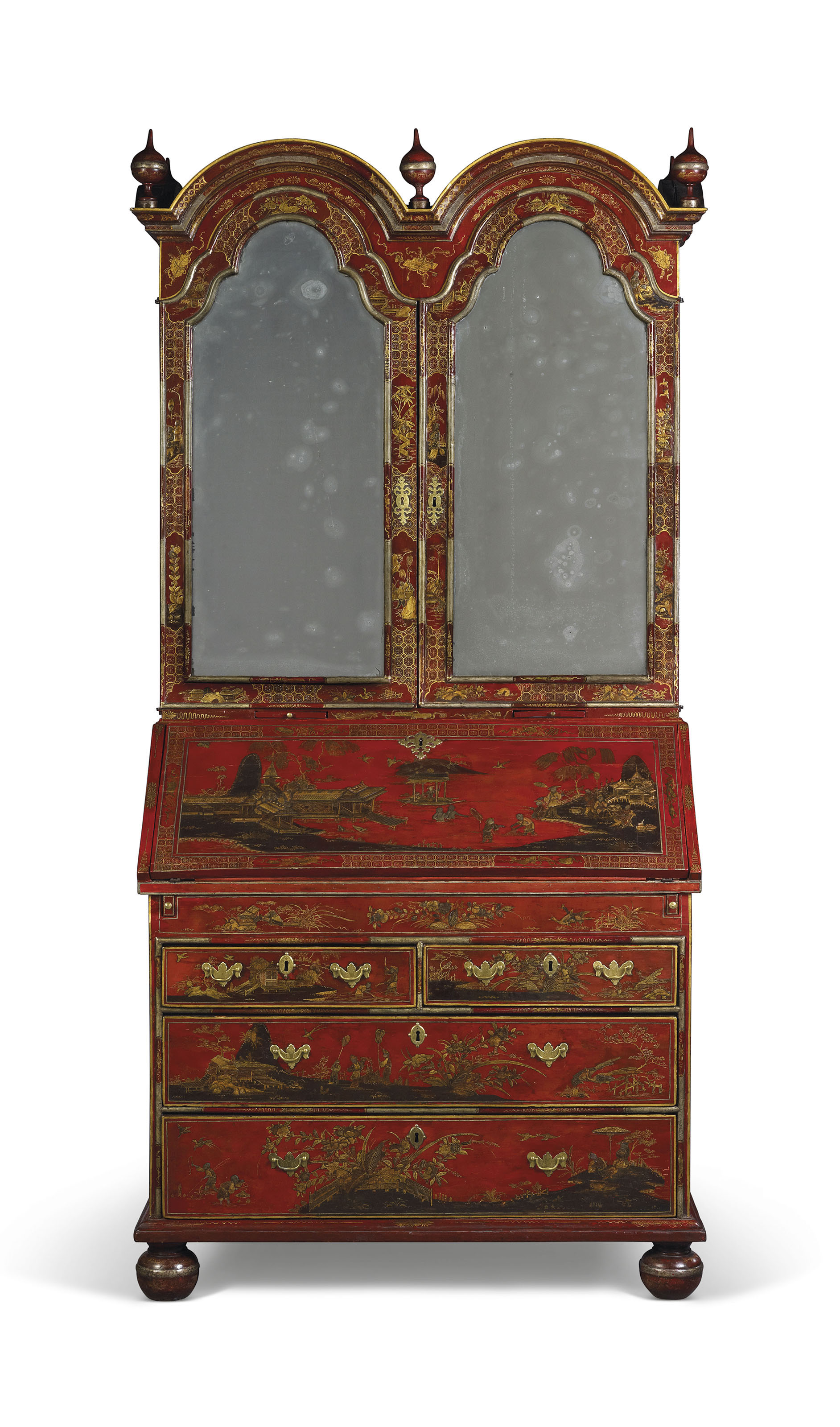 A george ii red, silver and gilt-japanned bureau-cabinet, CIRCA 1730. 86½  in (219  cm) high; 43½  in (110  cm) wide; 23  in (59  cm) deep. Estimate: £80,000-120,000. This lot is offered in The Collector: English Furniture, Clocks & Works of Art  on 13 November 2018 at Christie’s in London