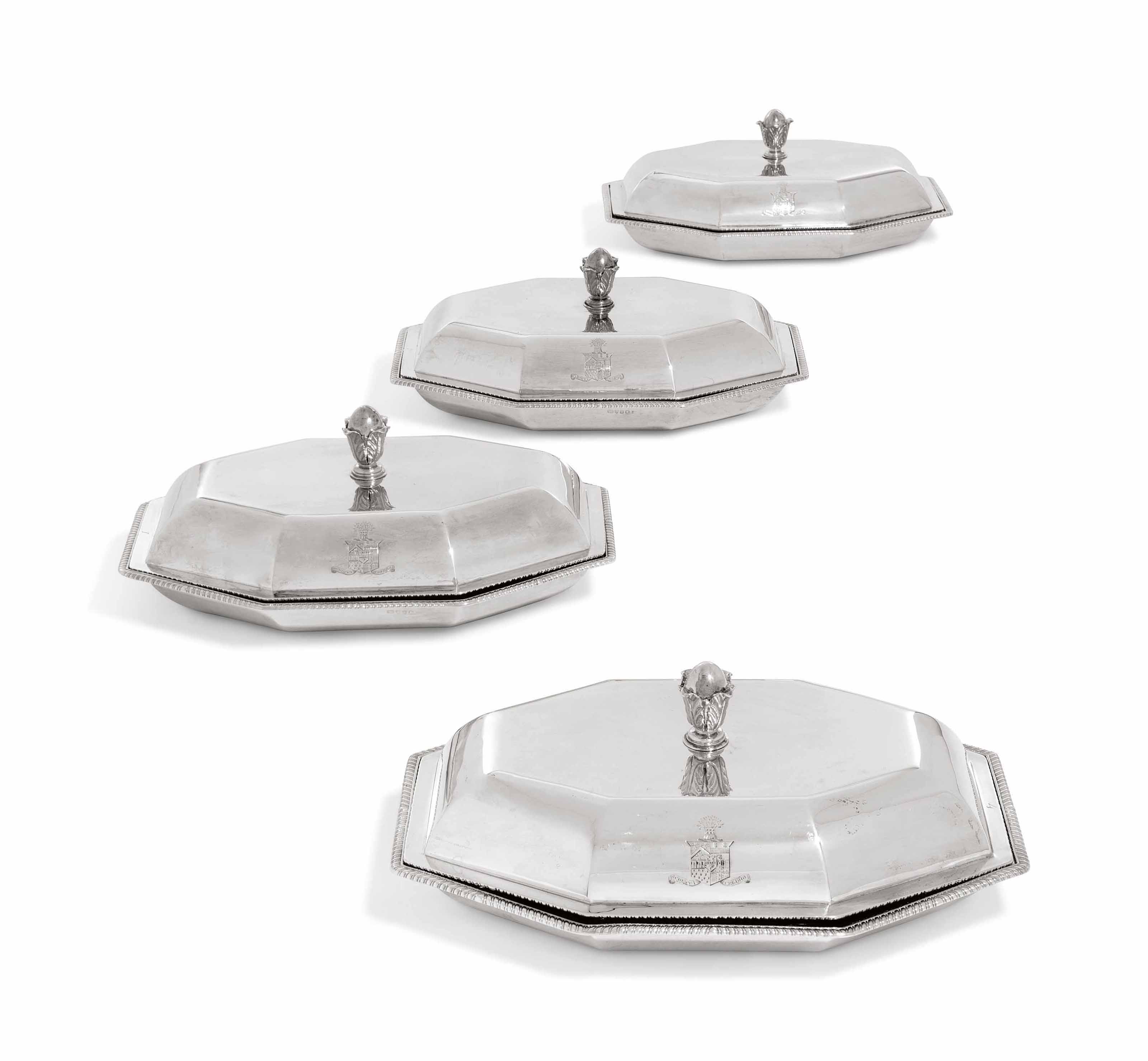 A SET OF FOUR GEORGE III SILVER ENTREE-DISHES AND COVERS