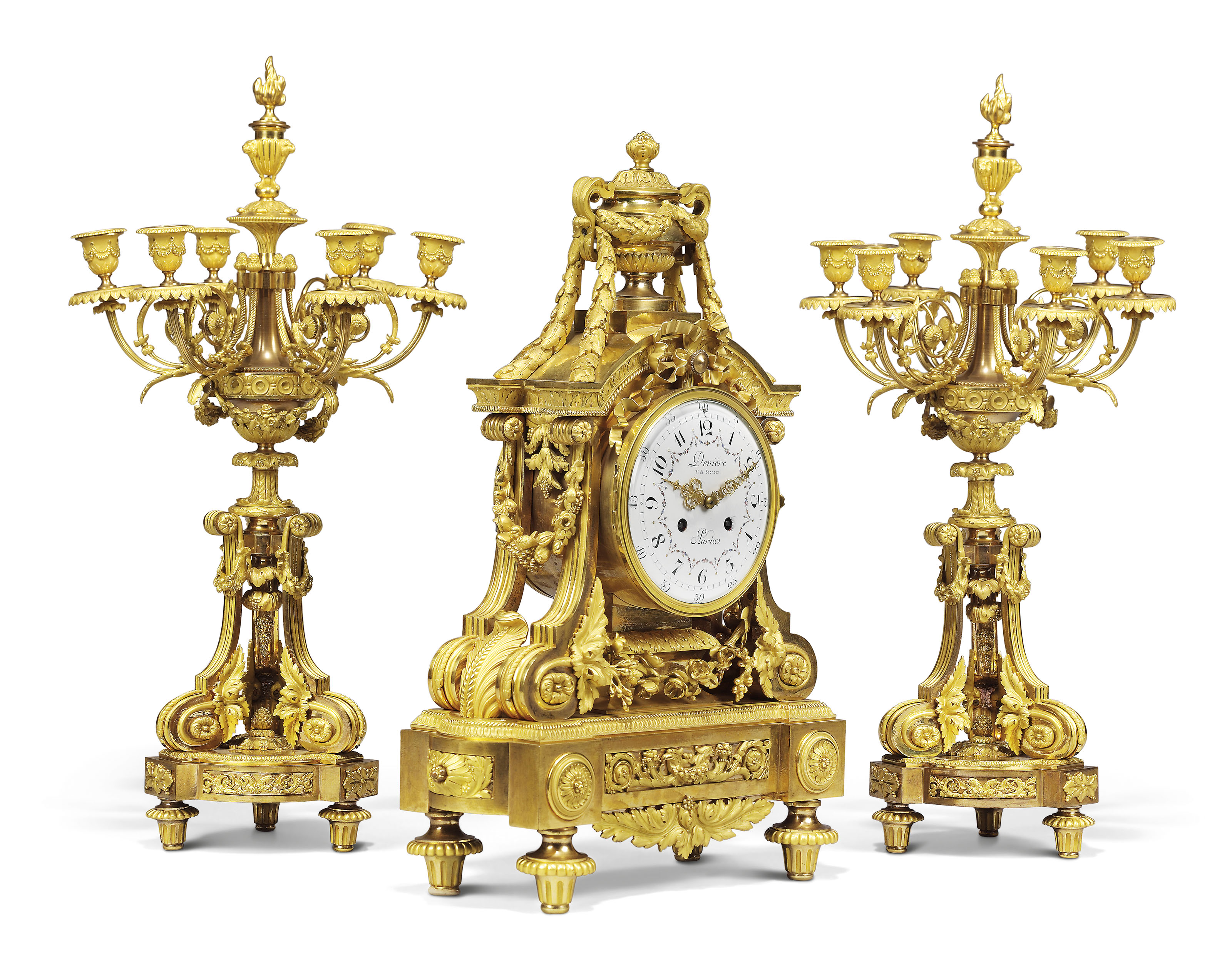 A FRENCH ORMOLU THREE-PIECE CLOCK GARNITURE, BY DENIERE AND HENRI