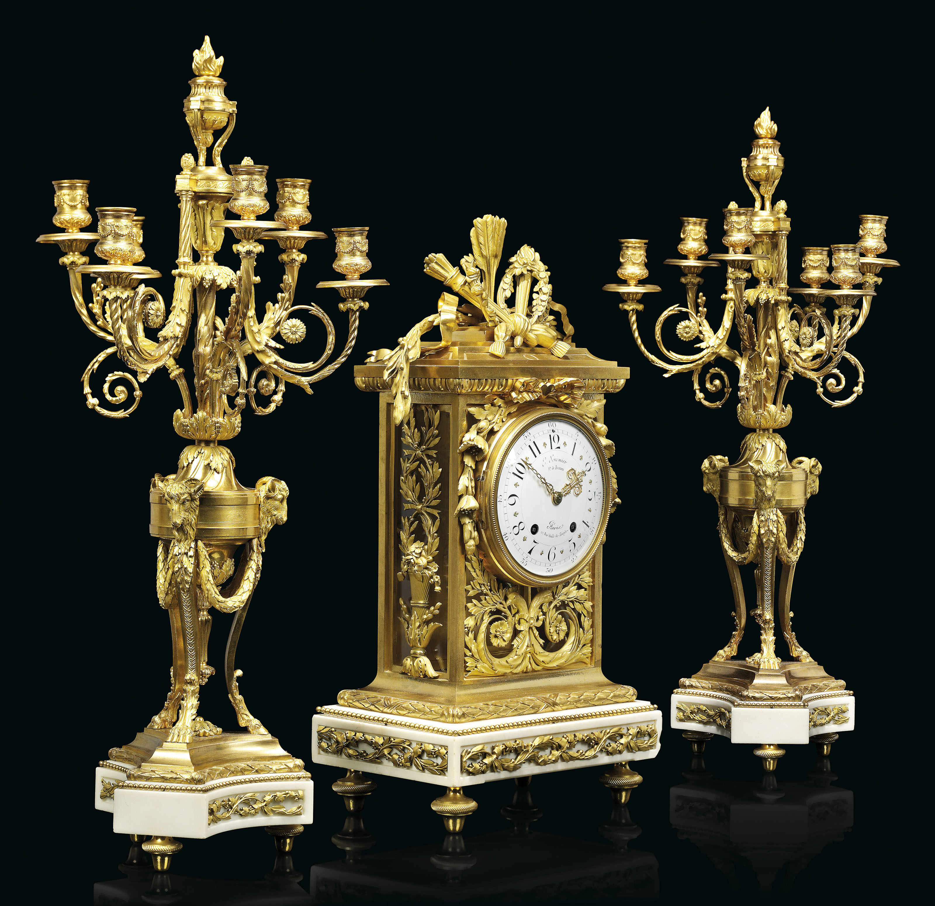 A FRENCH ORMOLU THREE-PIECE CLOCK GARNITURE, BY DENIERE AND HENRI