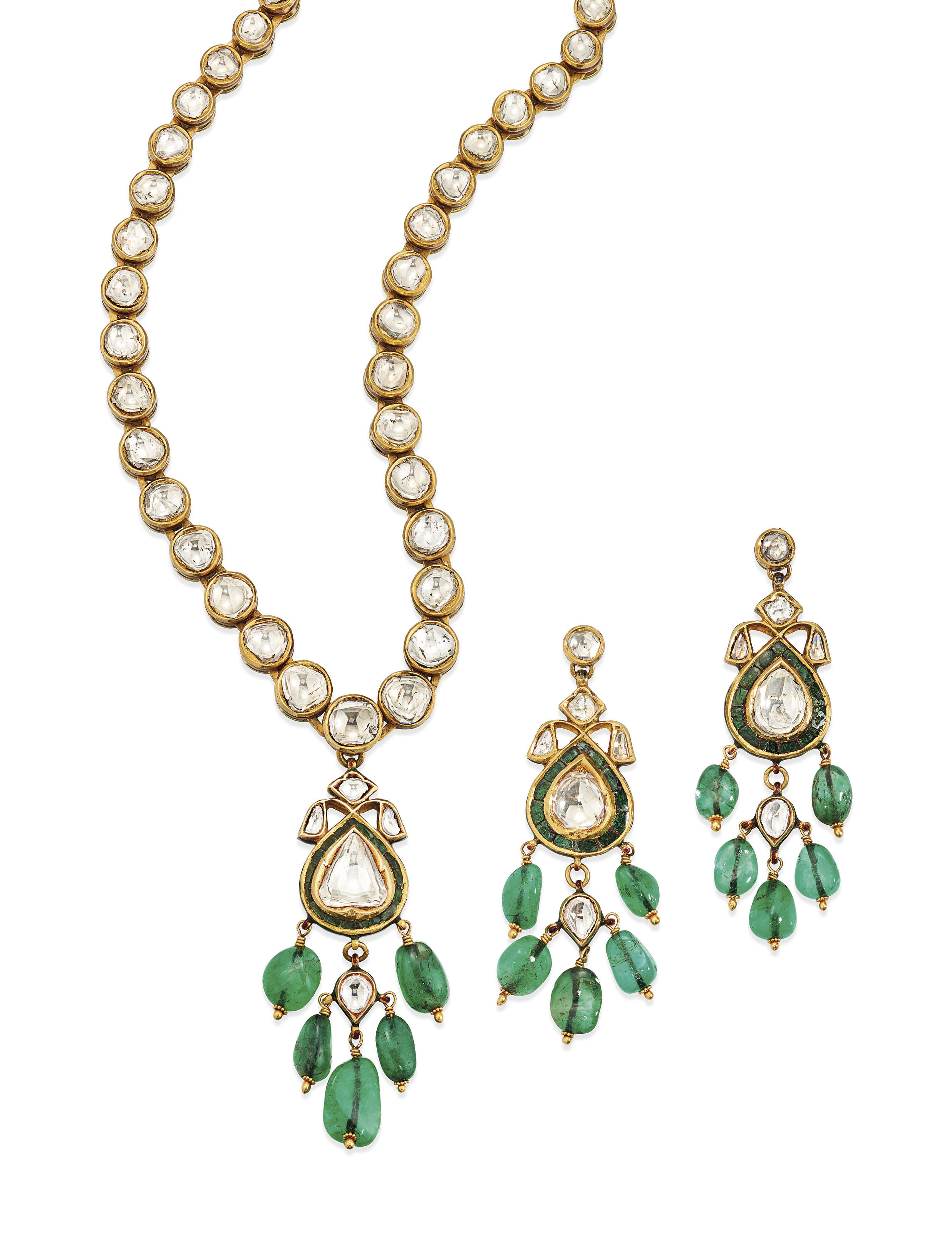 INDIAN EMERALD, DIAMOND, GEM AND ENAMEL NECKLACE AND EARRING SET