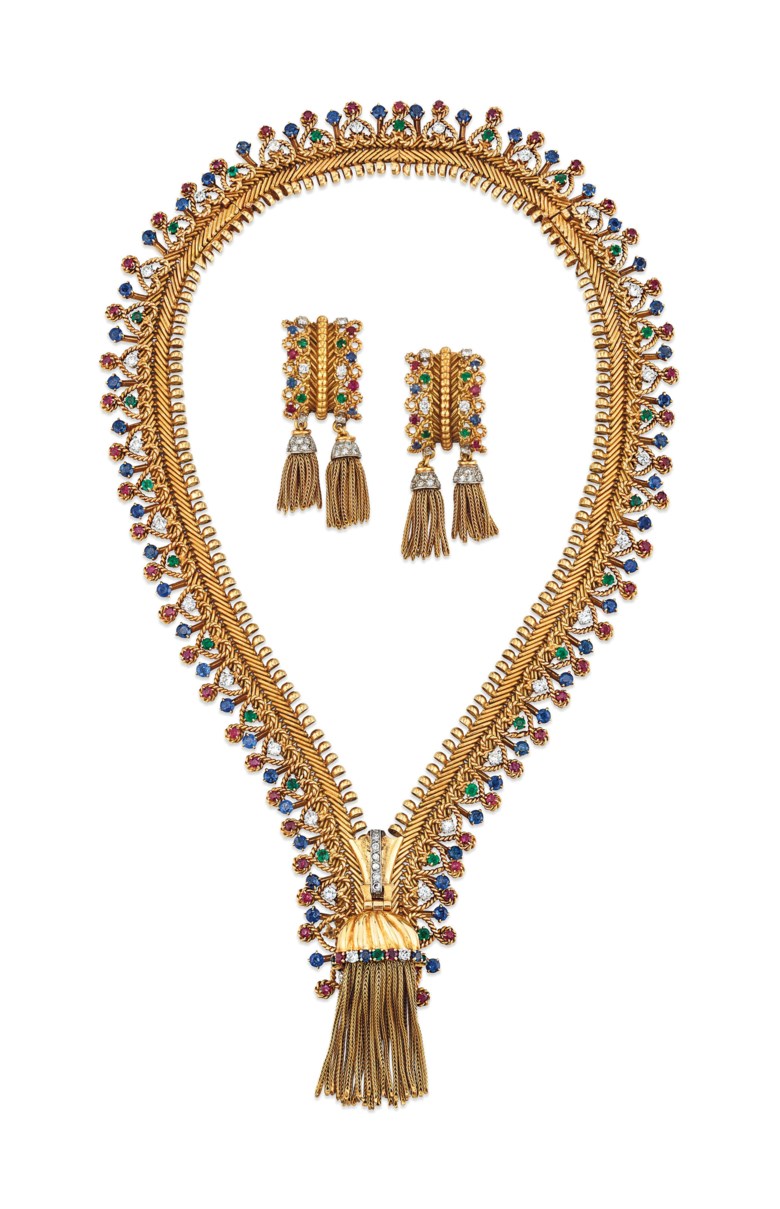 Iconic ruby, sapphire, emerald and diamond Zip necklace and earrings set, by Van Cleef & Arpels. Sold for £464,750 on 28 November 2018 at Christie’s in London