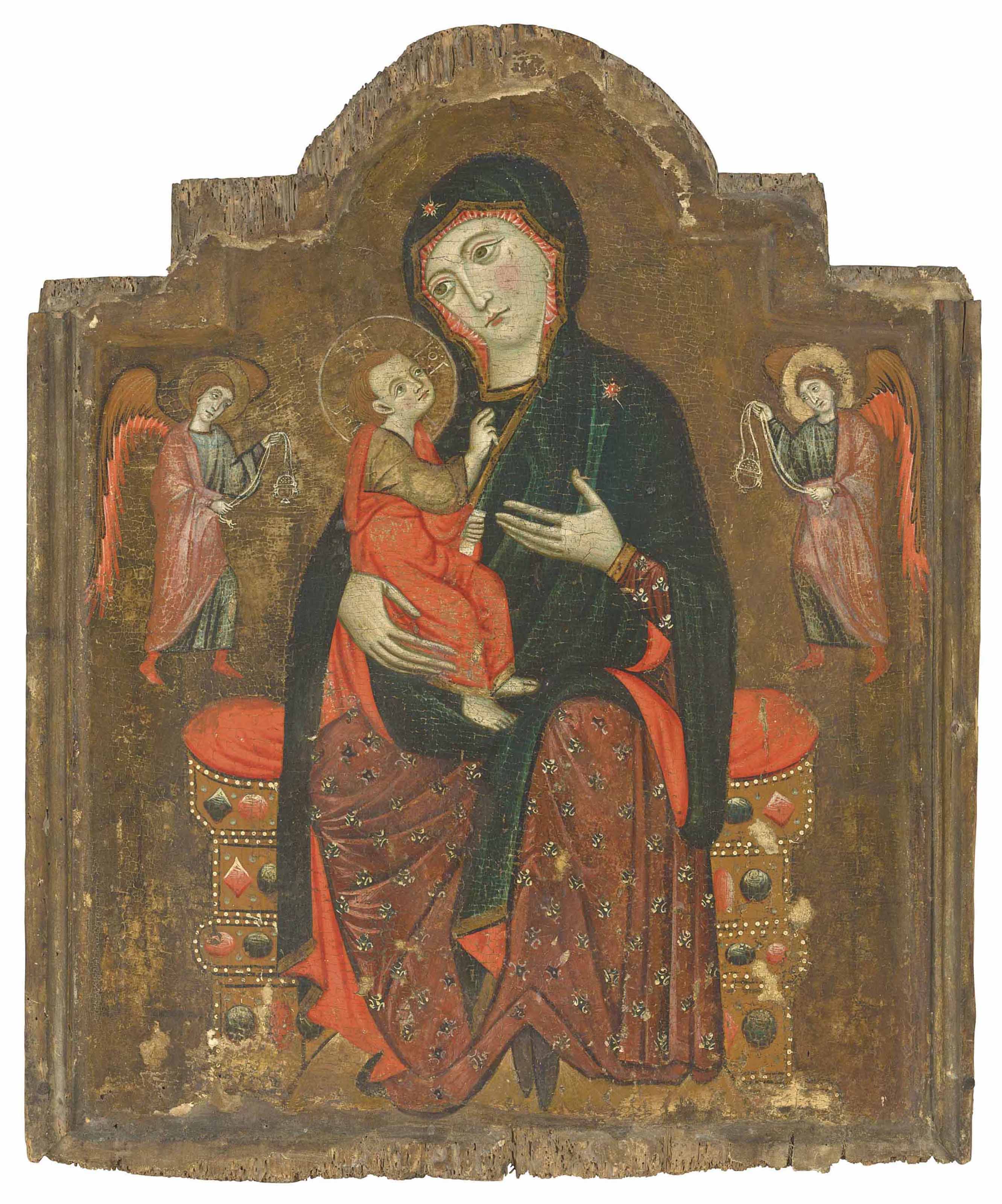 Tuscan School 13th Century Madonna And Child Enthroned With